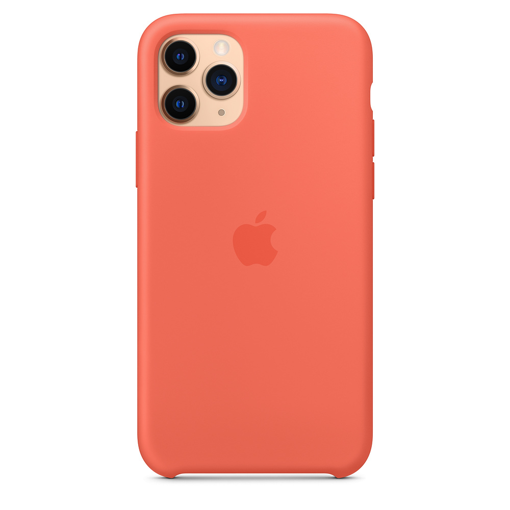 Een oranje telefoonhoes met een rood Apple-logo en drie cameralenzen, weergegeven op een witte achtergrond.