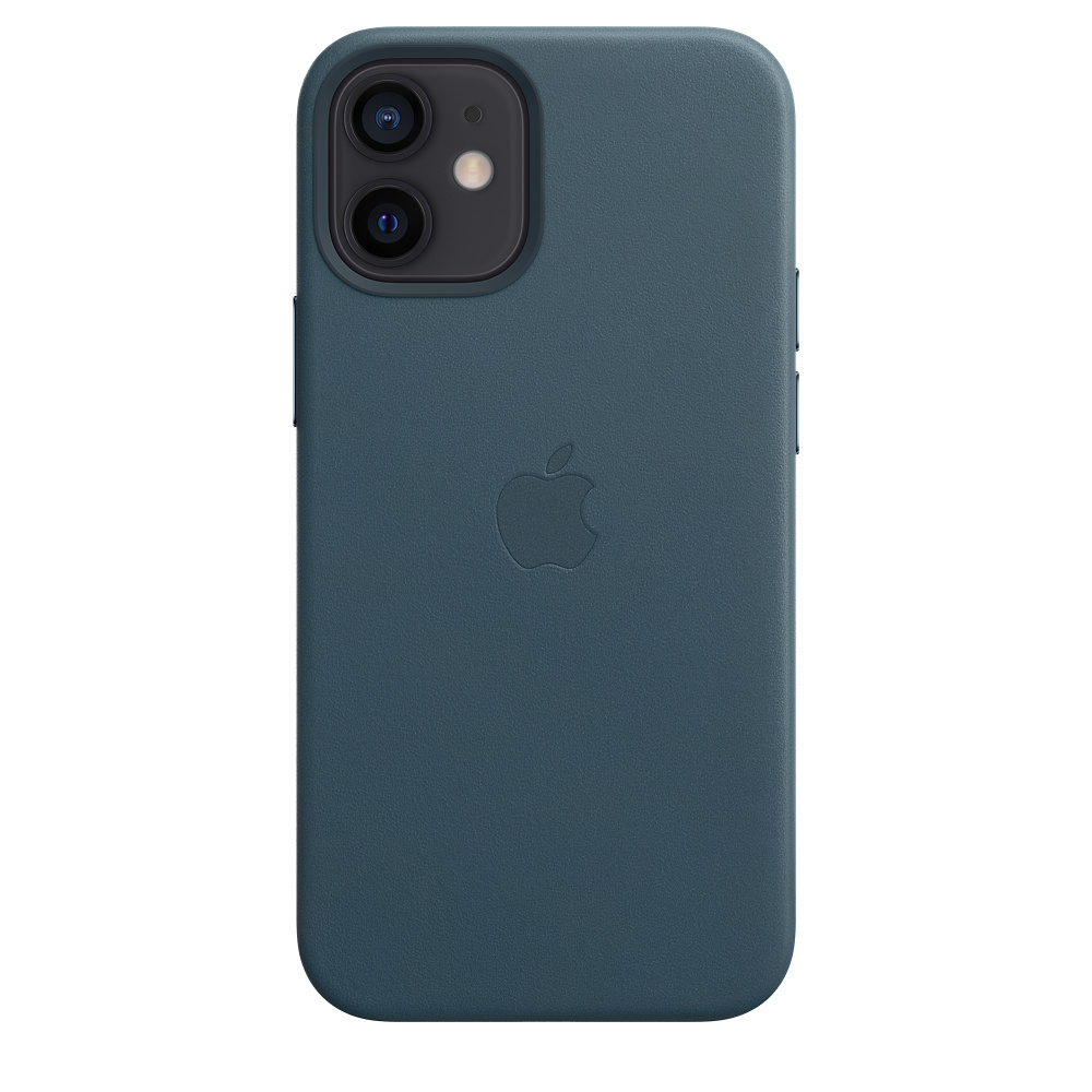 Dark blue phone case. Apple logo at the center back. Camera lenses at the top left.