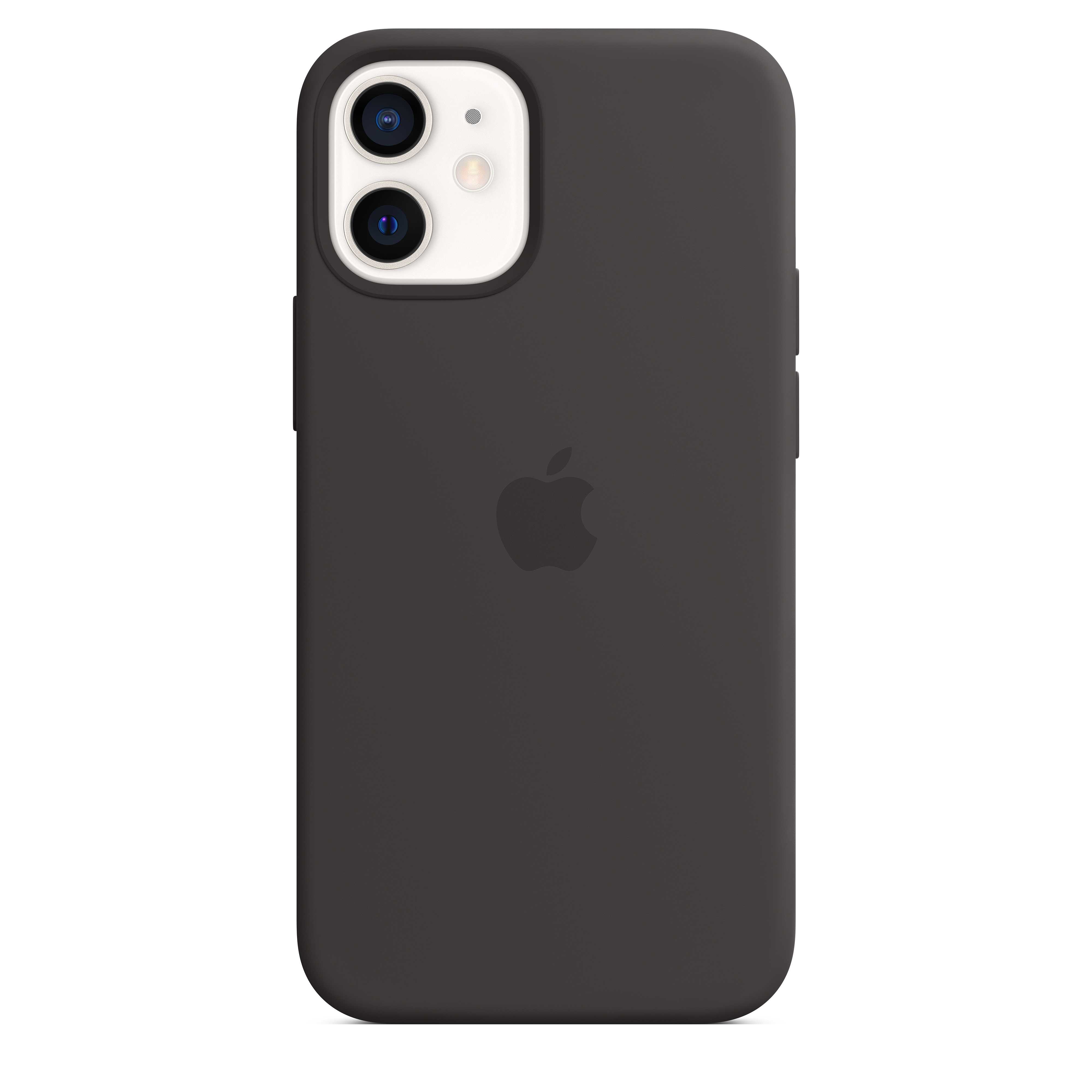 Czarny iPhone 12 z ciemnoszarą silikonową obudową, widoczne logo Apple.