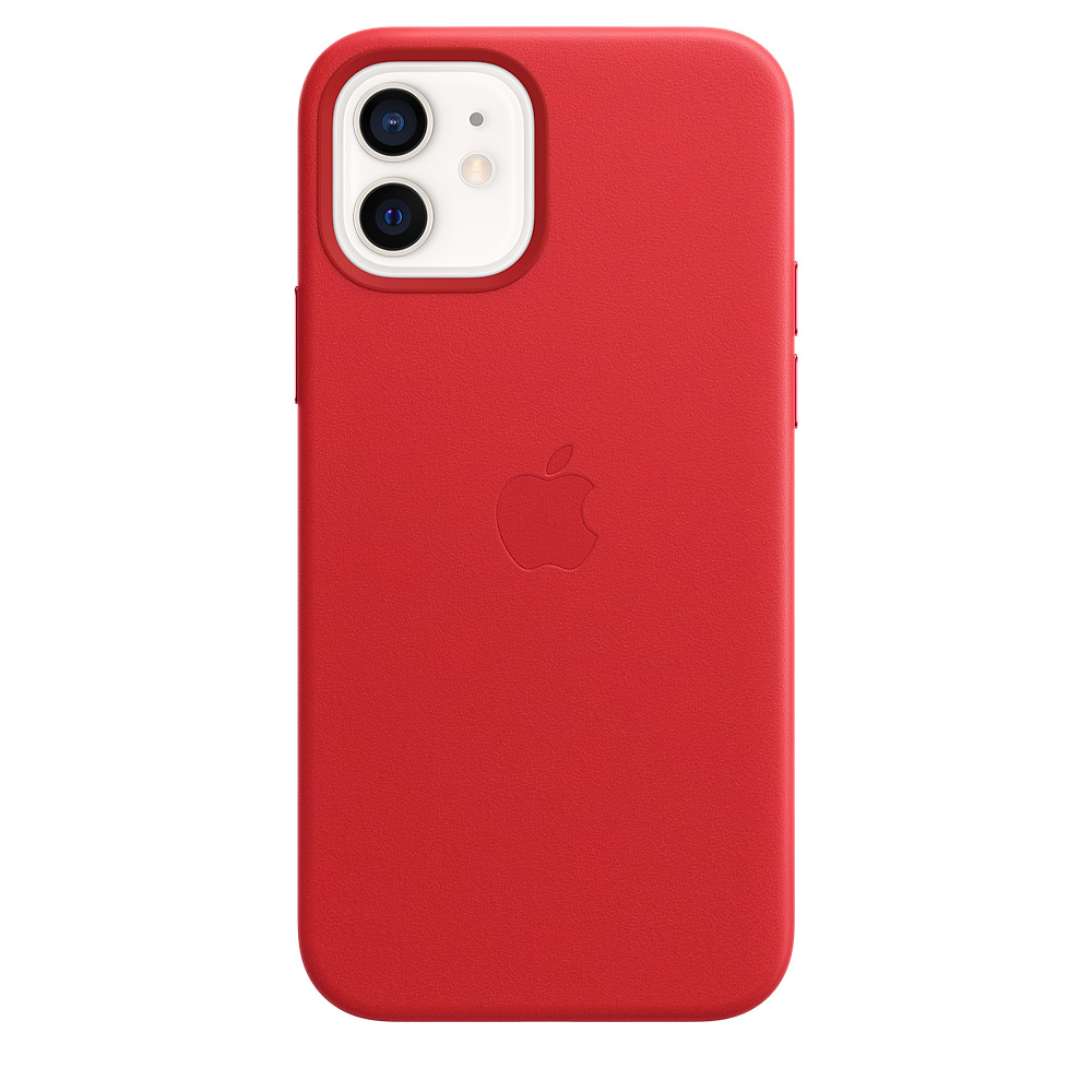 Eine rote Leder-Handyhülle mit Apple-Logo. Die Hülle bedeckt das Telefon.