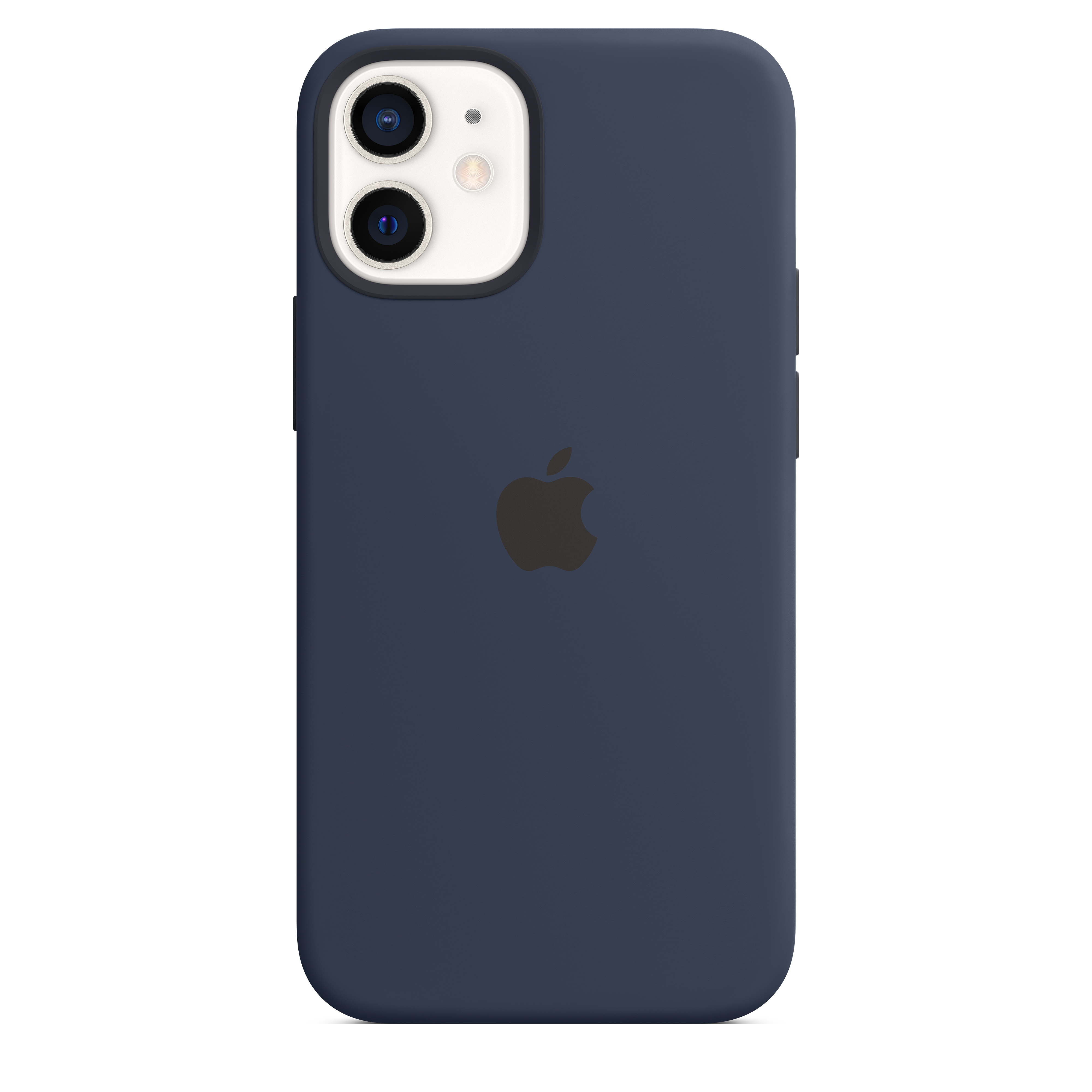Granatowe etui na telefonie, z logo Apple. Widoczny tył telefonu.