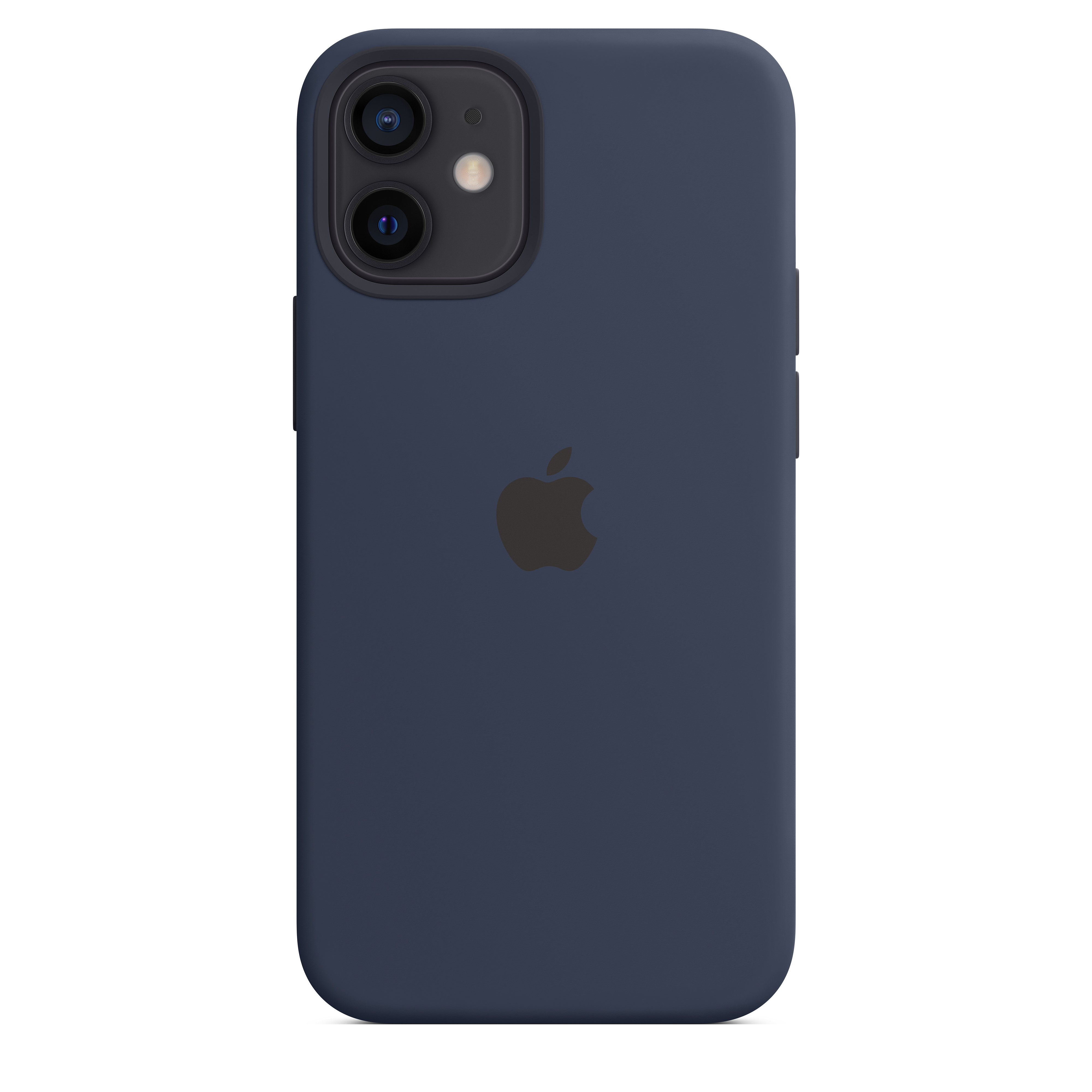 Ciemnoniebieskie etui na telefon z logo Apple z tyłu, na białym tle.