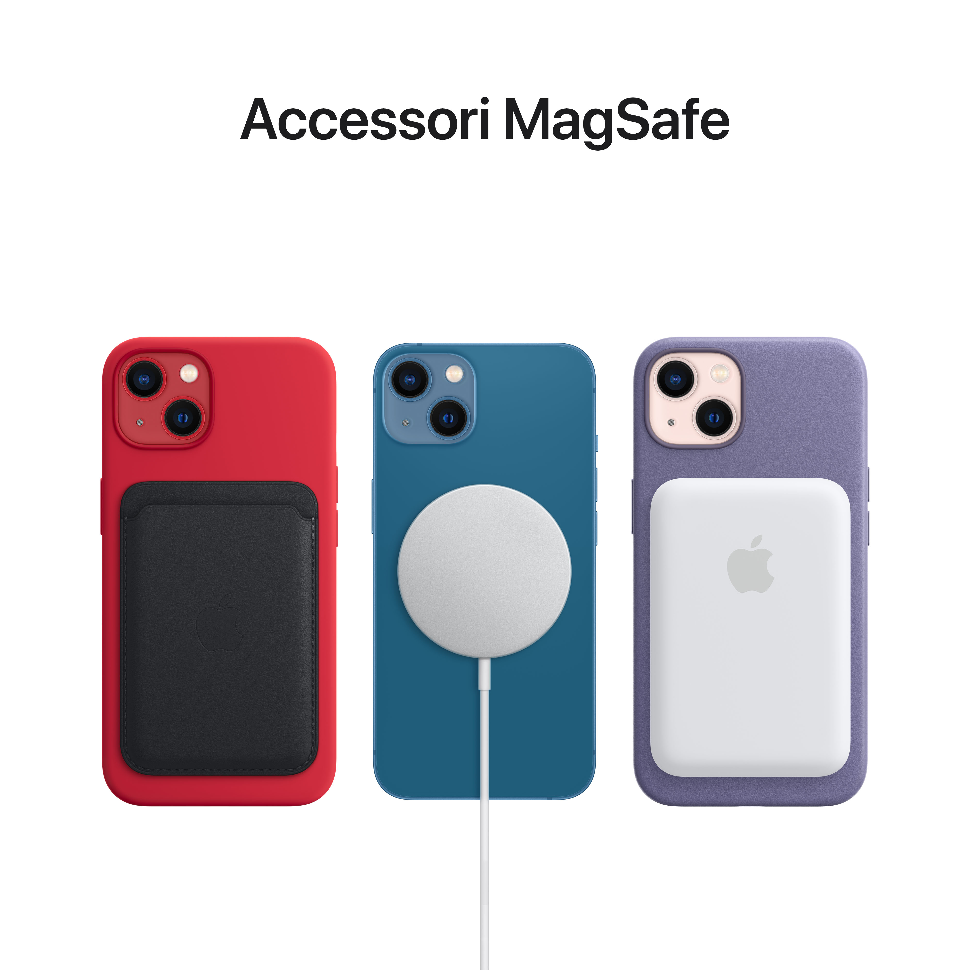 Trois téléphones avec accessoires MagSafe : portefeuille, chargeur et batterie externe.