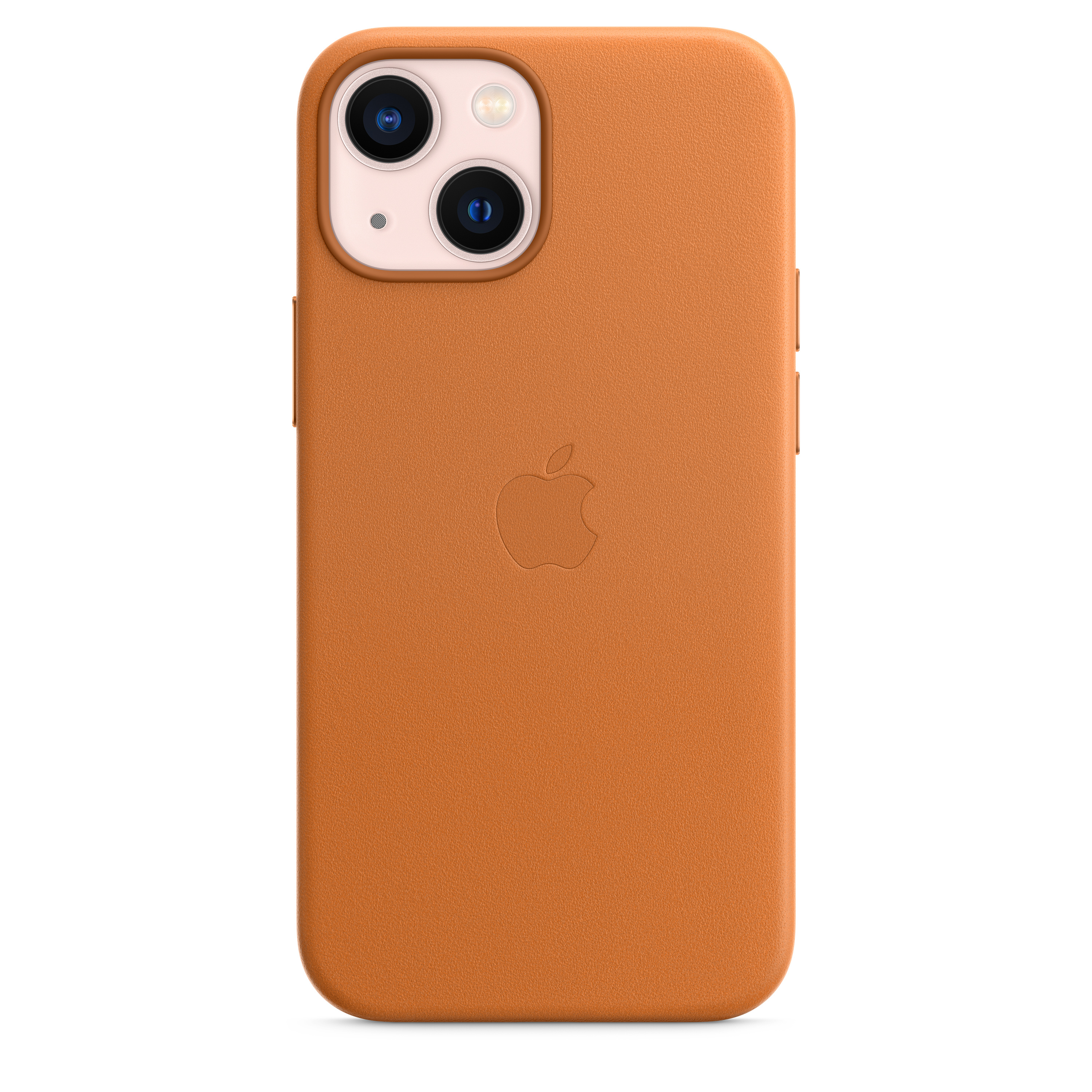An orange leather phone case with an iPhone, displaying the Apple logo.