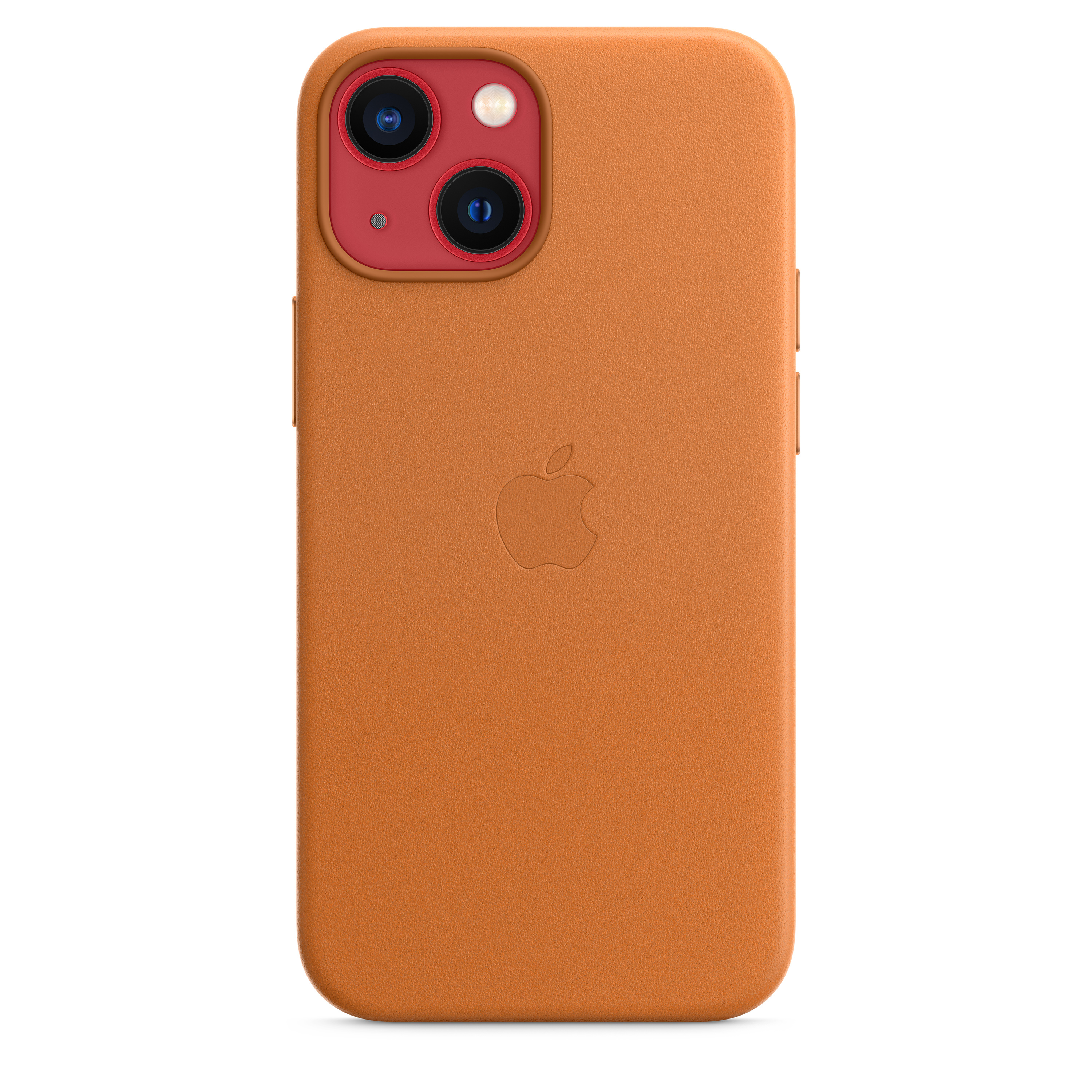 Orange phone case on white background. The back shows camera lenses and Apple logo.