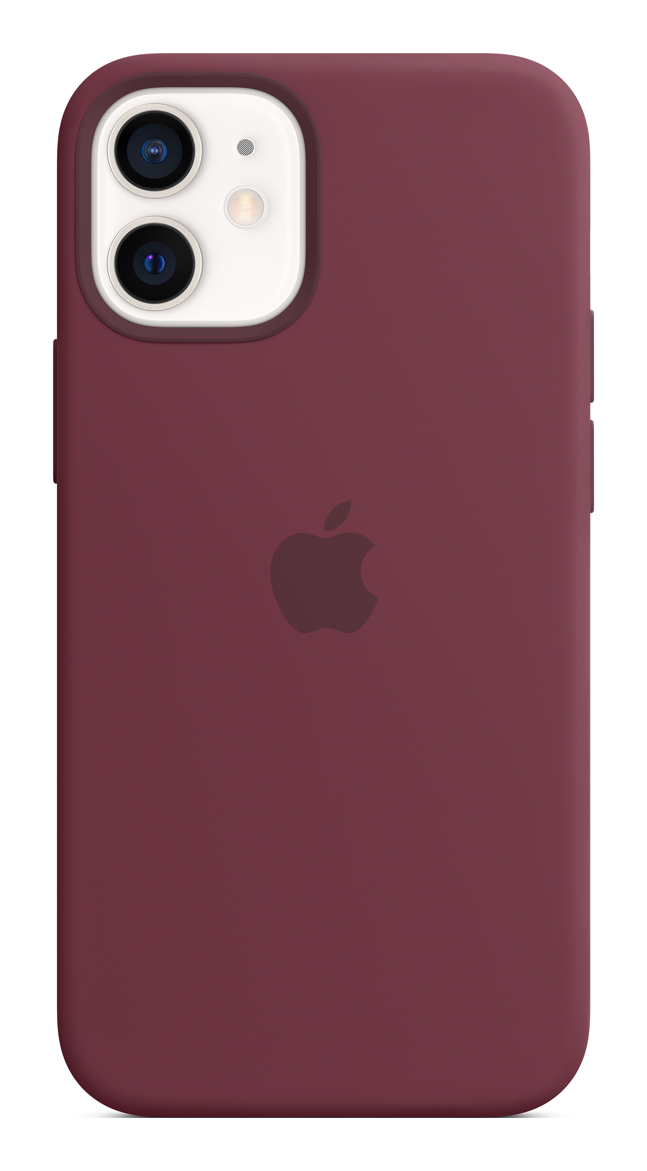 Etui na telefon w kolorze bordowym, z logo Apple na plecach.