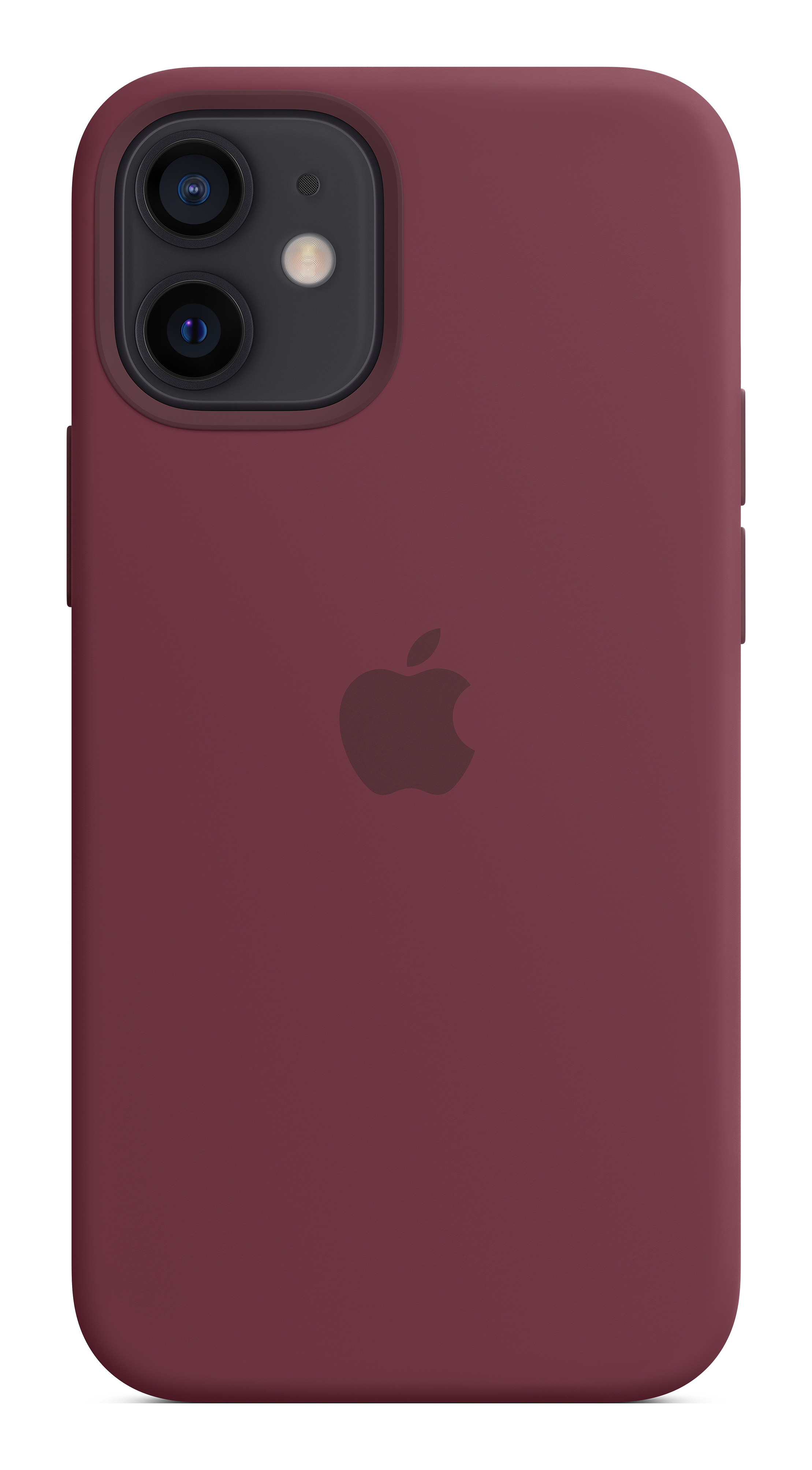 Bordowa obudowa iPhone 12 z matowym wykończeniem, pokazująca logo Apple. Proste i czyste zdjęcie produktu.