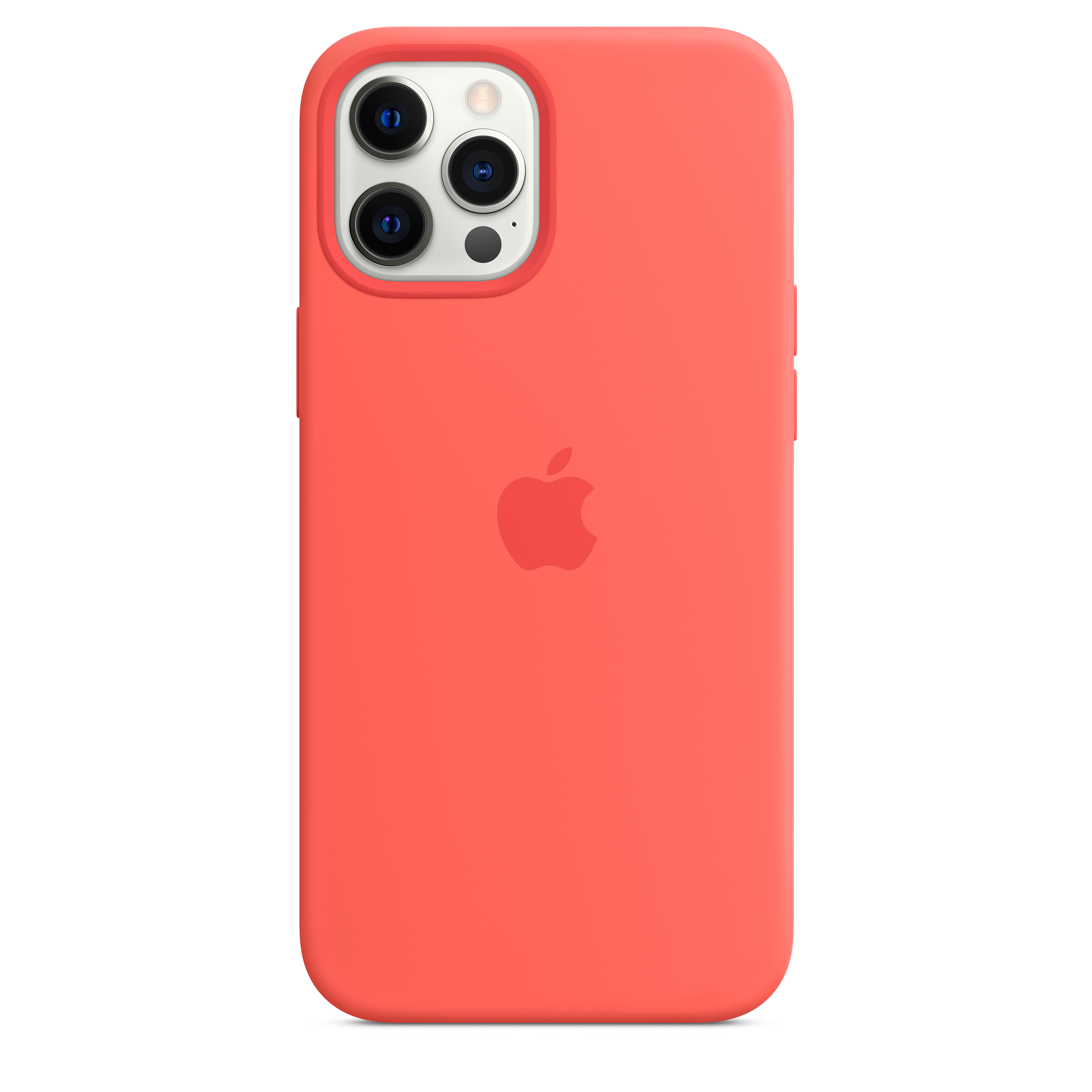 Een rode telefoonhoes met camera-uitsparing en Apple-logo.
