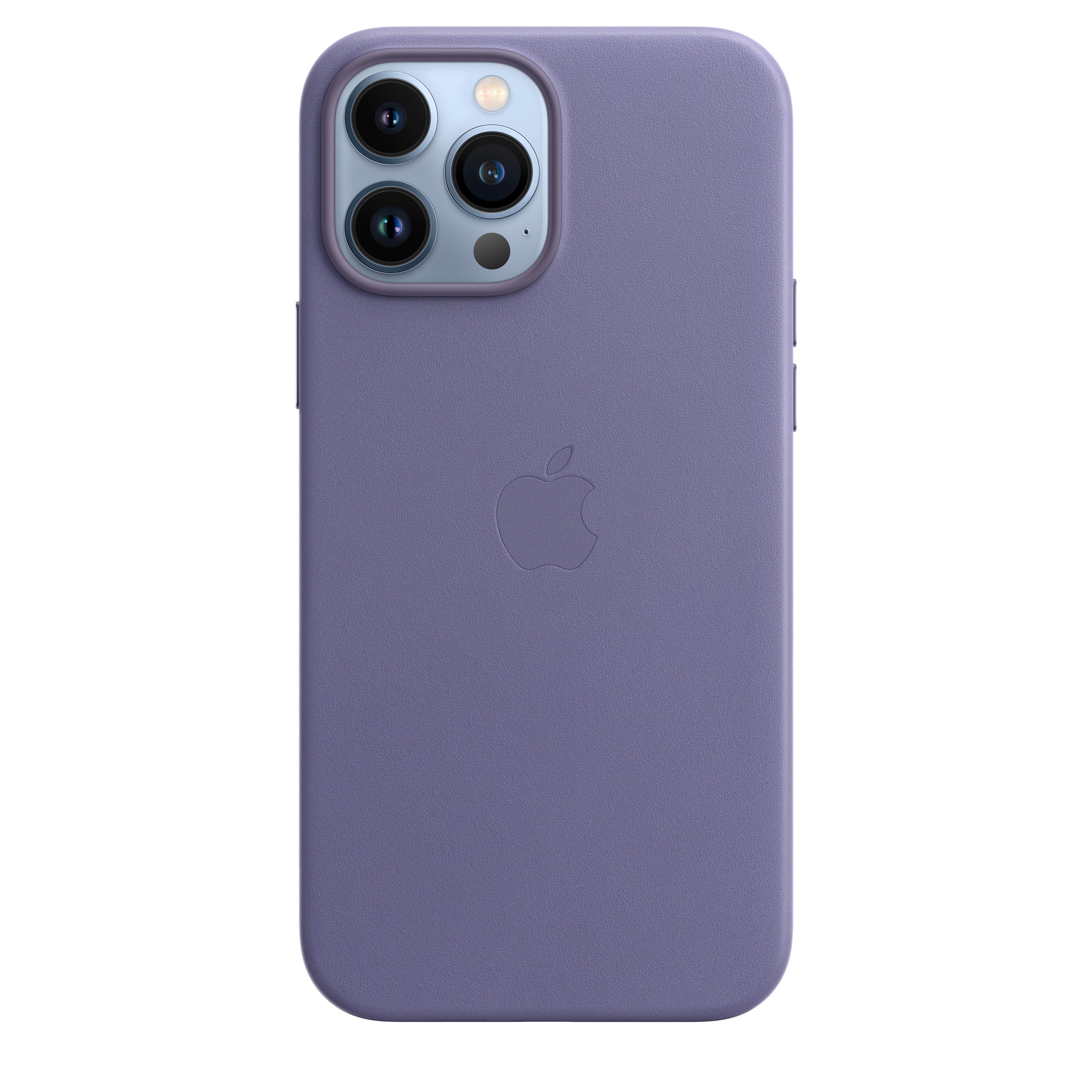 Purple phone case with three camera lenses and an Apple logo, the camera section is darker.