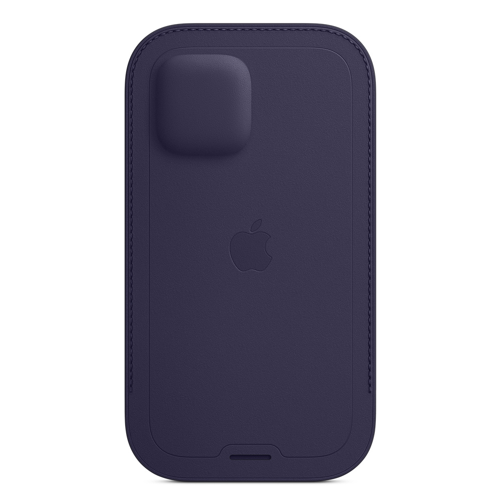 Custodia per telefono viola con ritaglio per fotocamera e logo Apple. Retro della custodia.