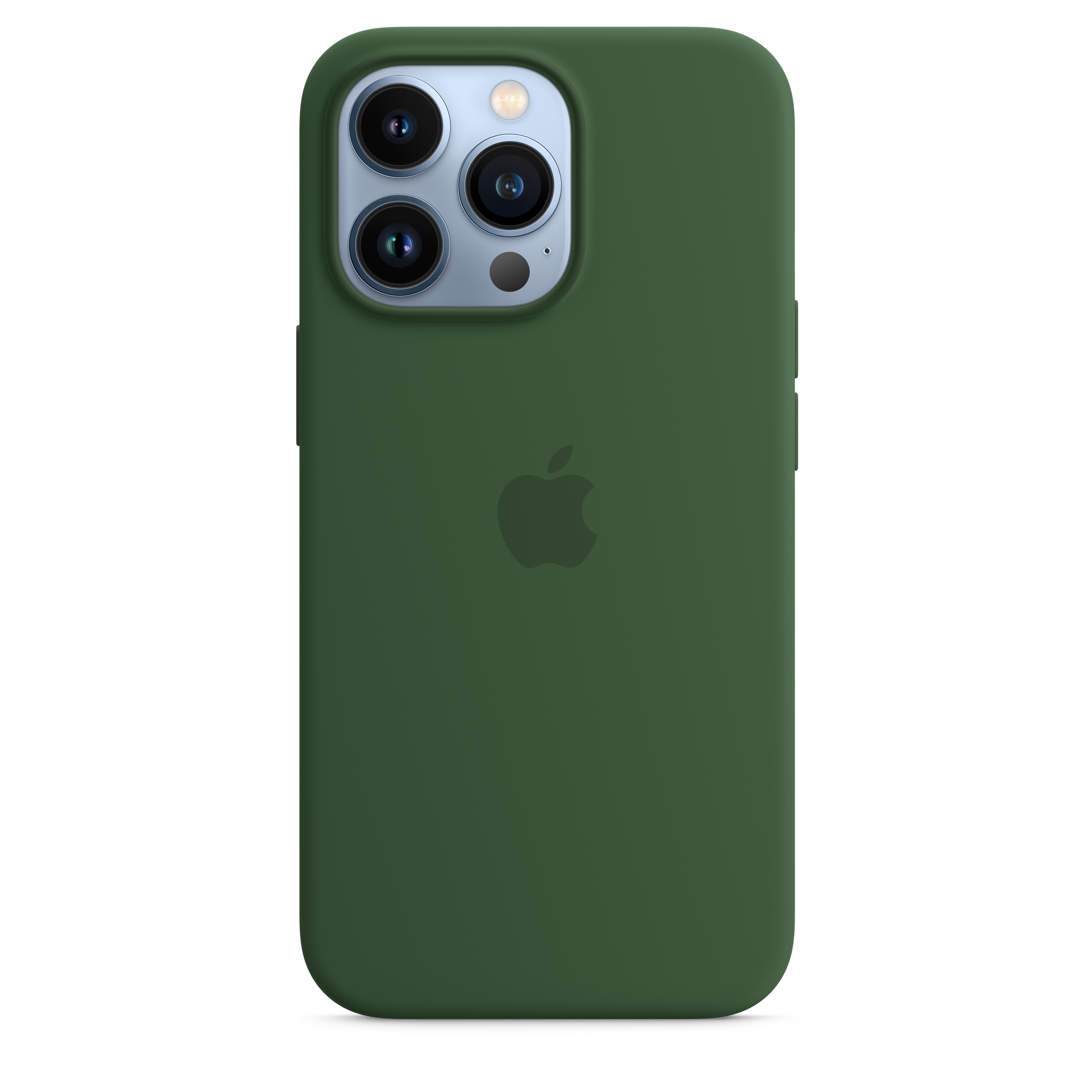 Green phone case with Apple logo on white background.