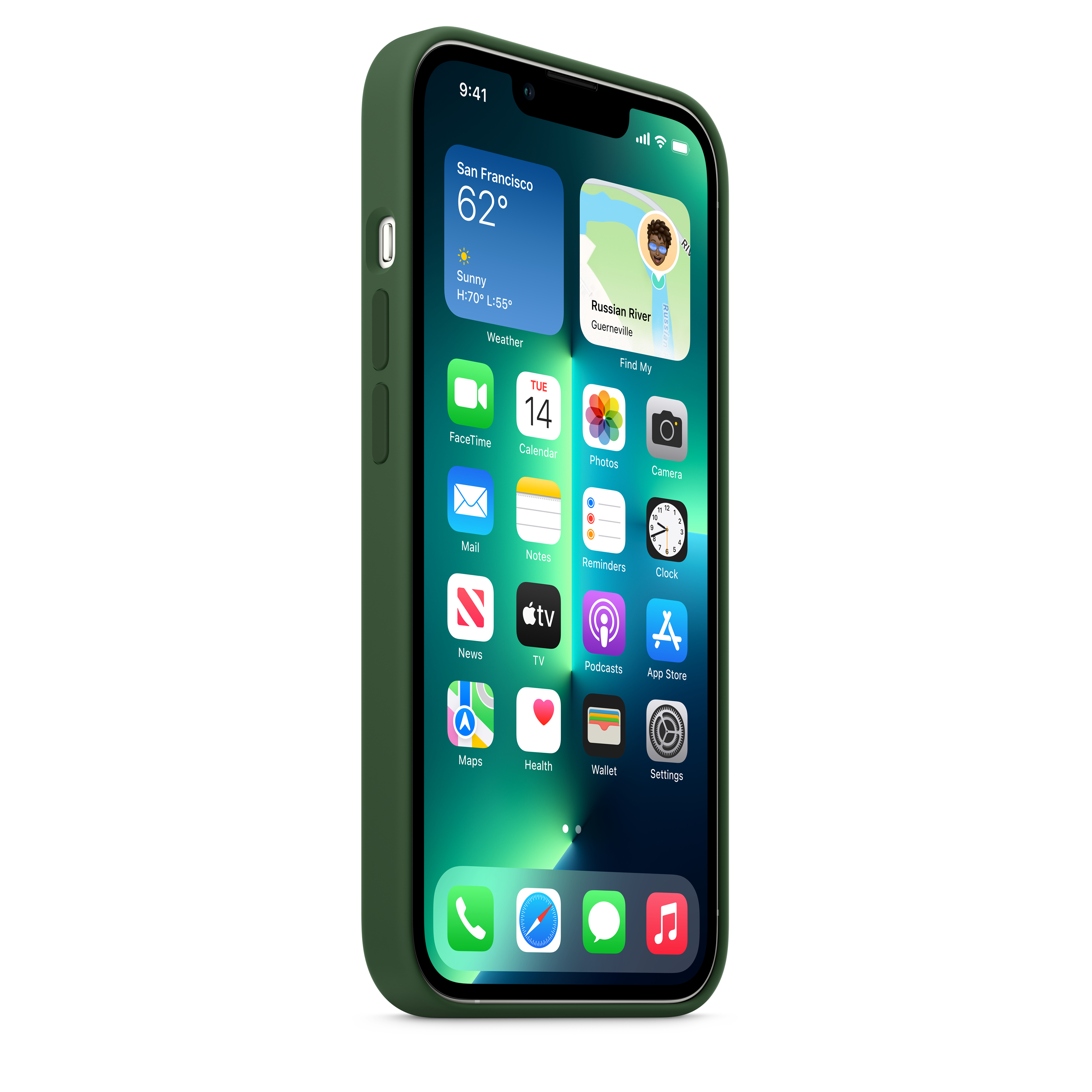Green iPhone with an olive-green case showing the home screen.