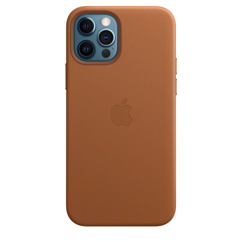 Braune Leder-Handyhülle mit Apple-Logo und Kameraausschnitt.
