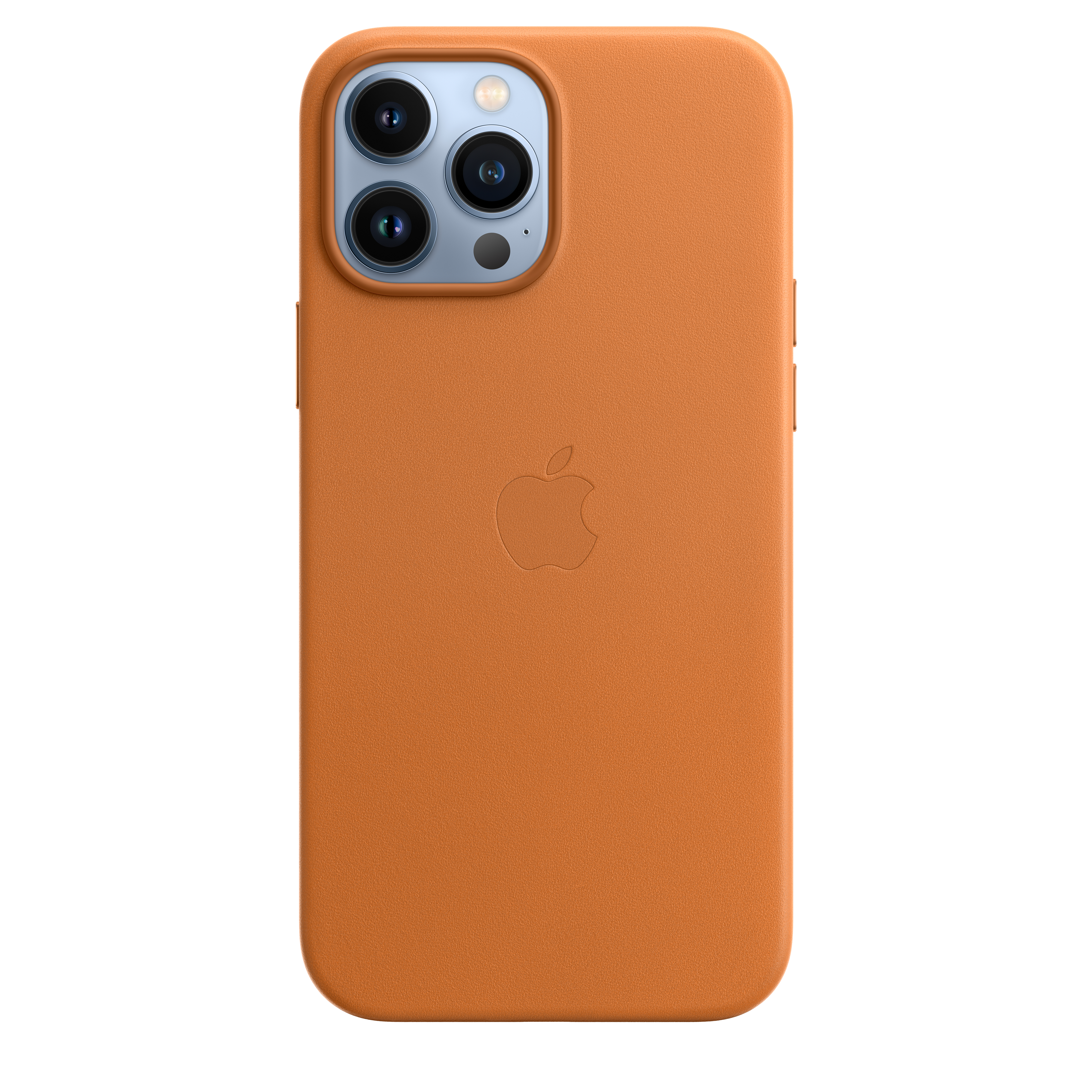 Oranges Telefon mit Dreifach-Kamera. Apple-Logo mittig hinten.