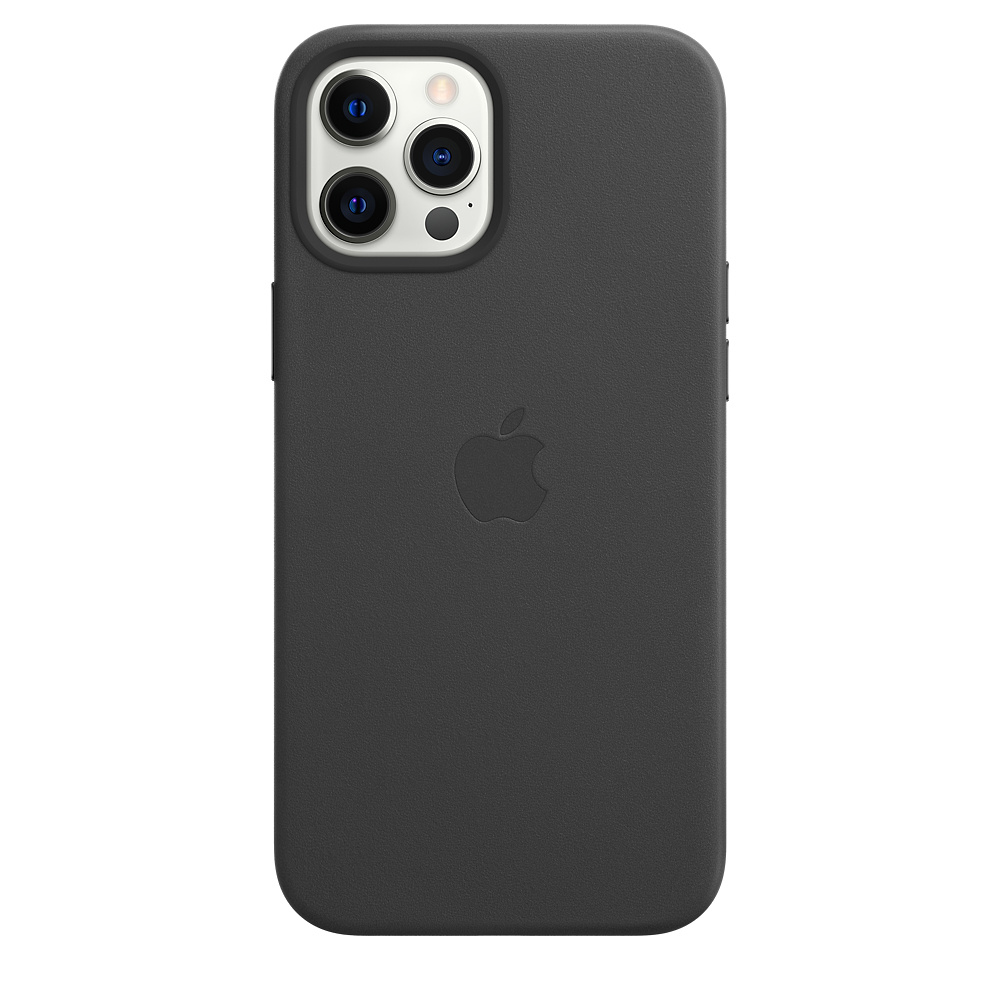 Dark gray iPhone case. Apple logo visible. Camera visible.