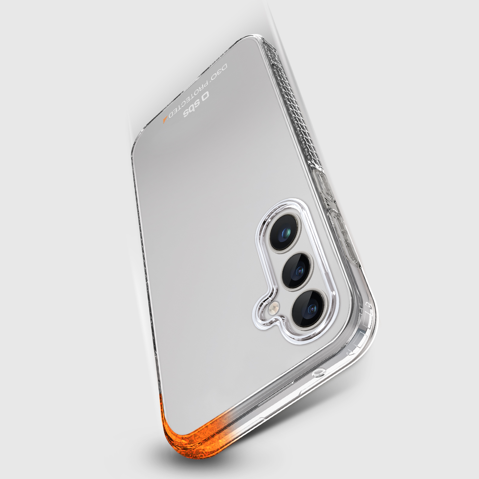 Przezroczyste etui na telefon. Etui jest pochylone, ukazując aparat telefonu.