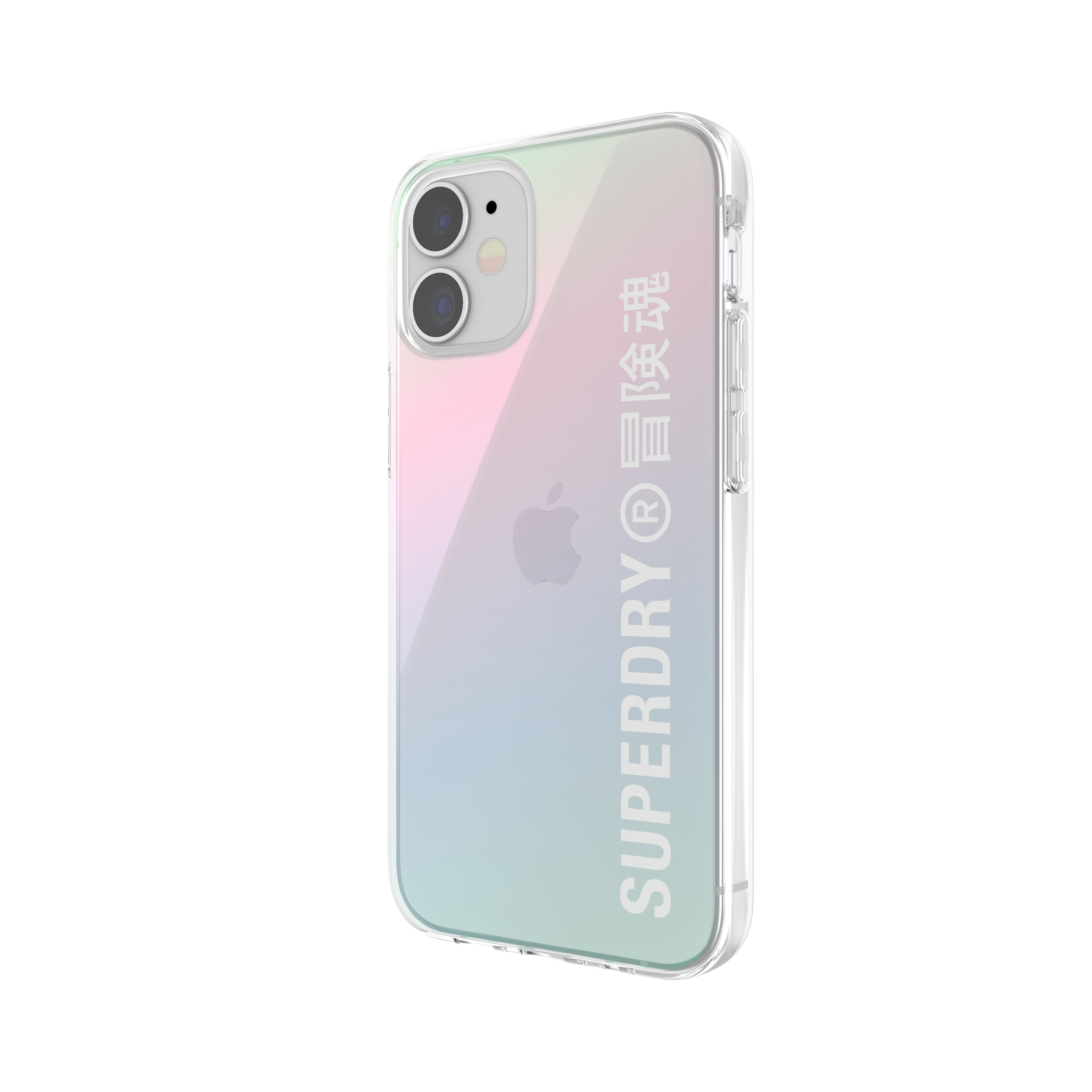iPhone in una custodia trasparente con una sfumatura di colori. La custodia ha il logo Superdry.