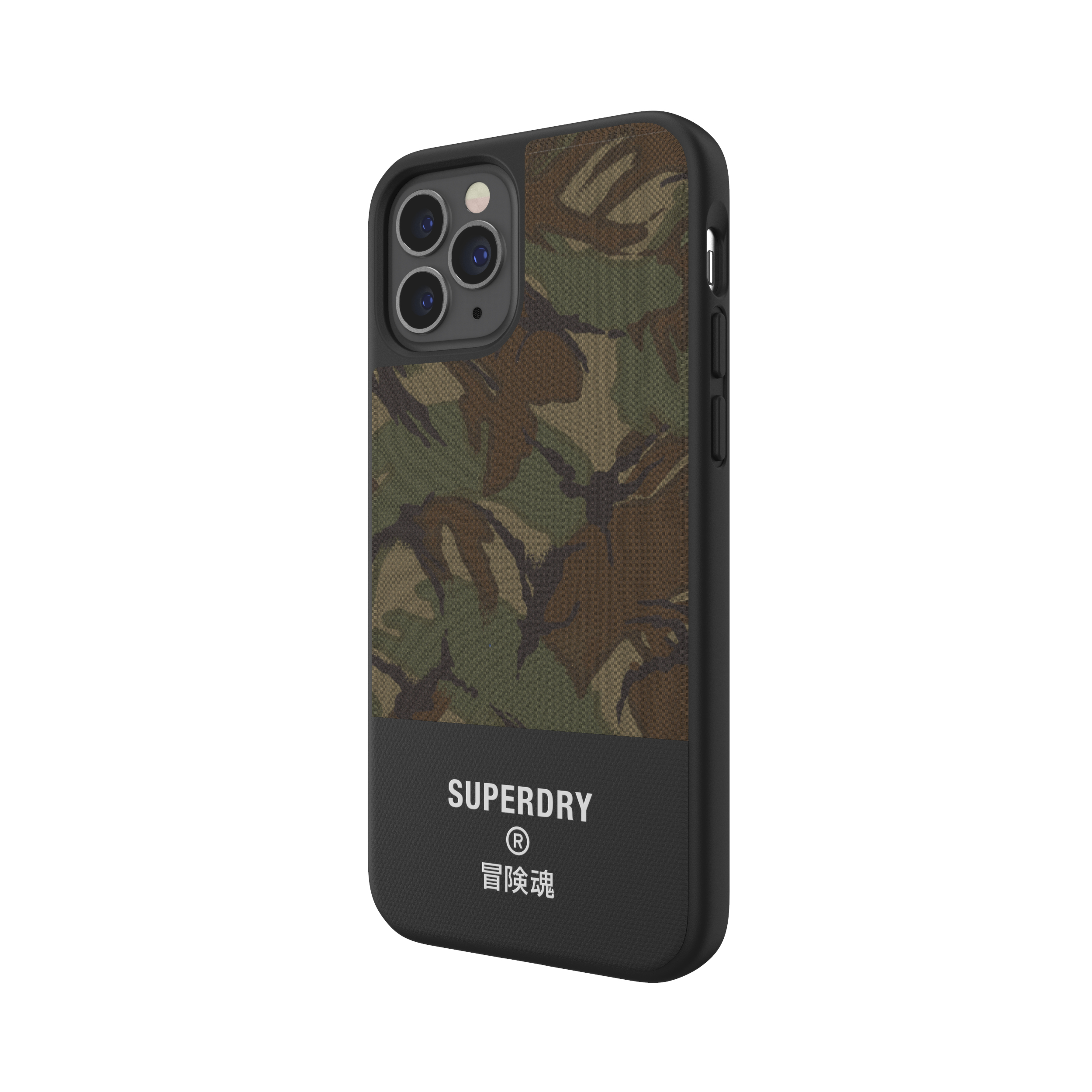 iPhone in custodia mimetica Superdry. Parte inferiore nera con testo e logo Superdry bianchi.