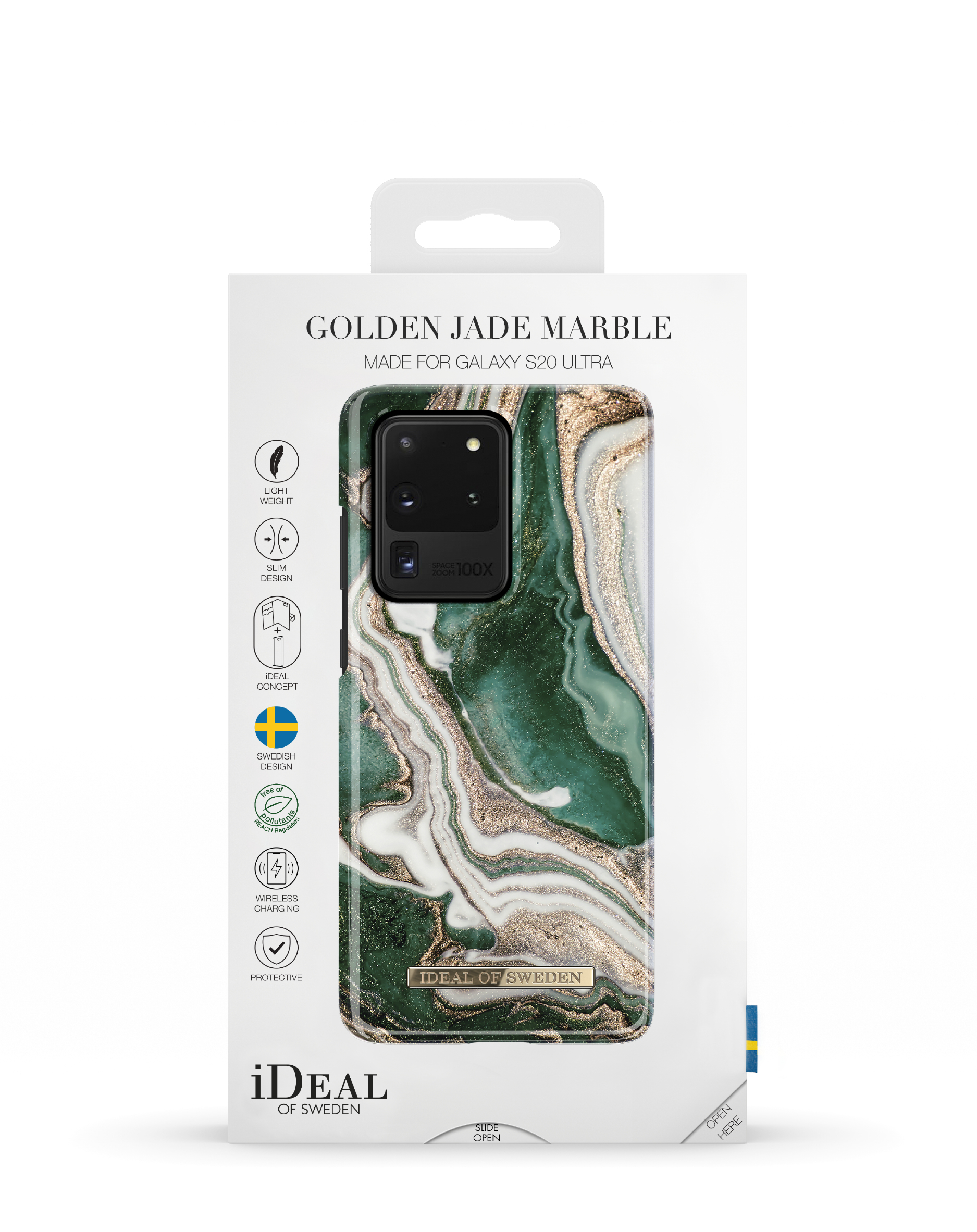 Confezione della custodia del telefono con un design marmorizzato. Il telefono è nella custodia. Sfondo bianco.