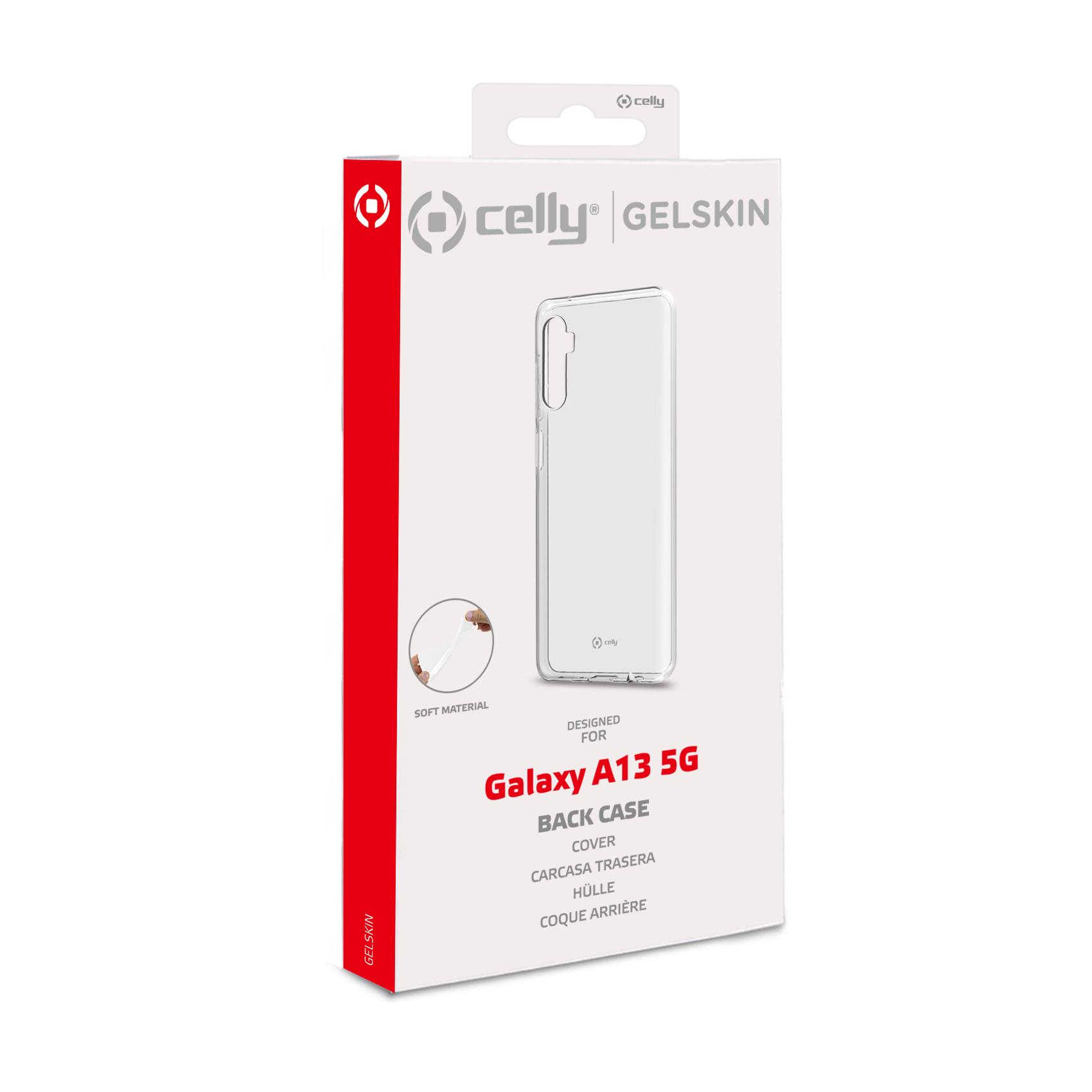 Celly Gelskin Handyhüllen-Verpackung, für Galaxy A13 5G. Weiße und rote Box.