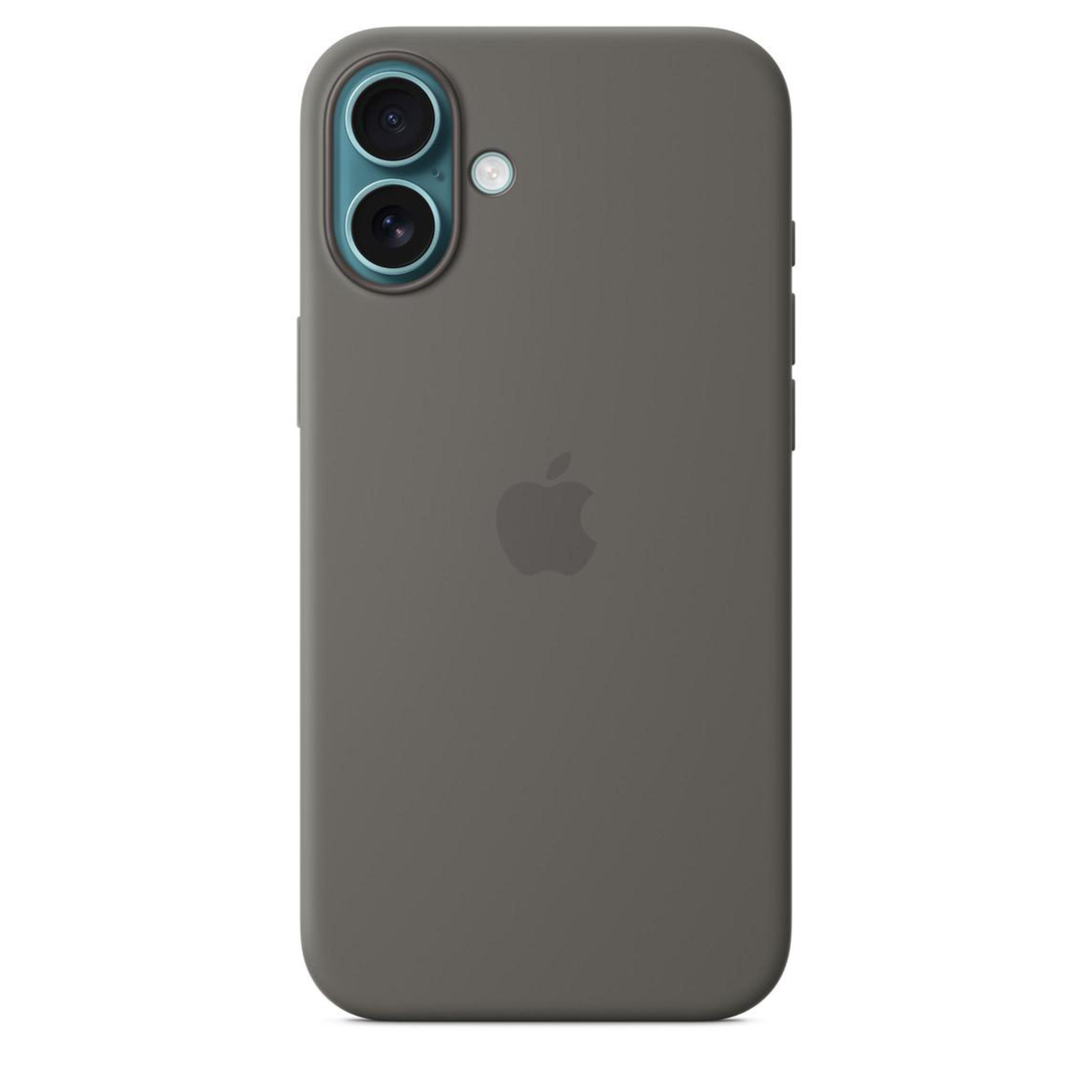 Coque de téléphone gris foncé avec logo Apple. Double caméra. Fond blanc.