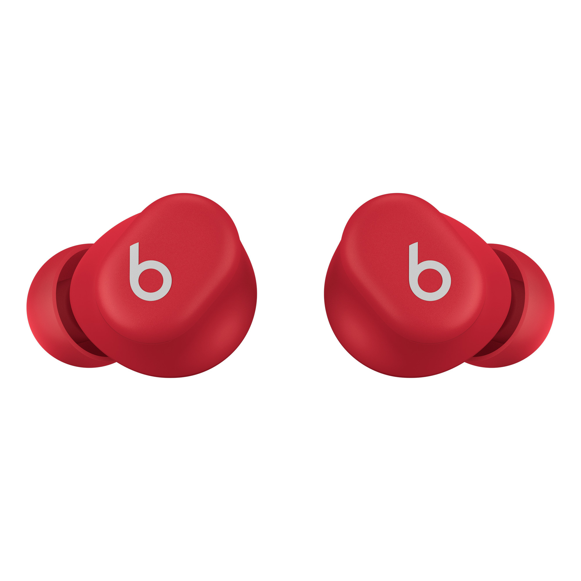Rote Ohrhörer mit weißem „b“-Logo. Die Ohrhörer sind auf weißem Hintergrund und einsatzbereit.