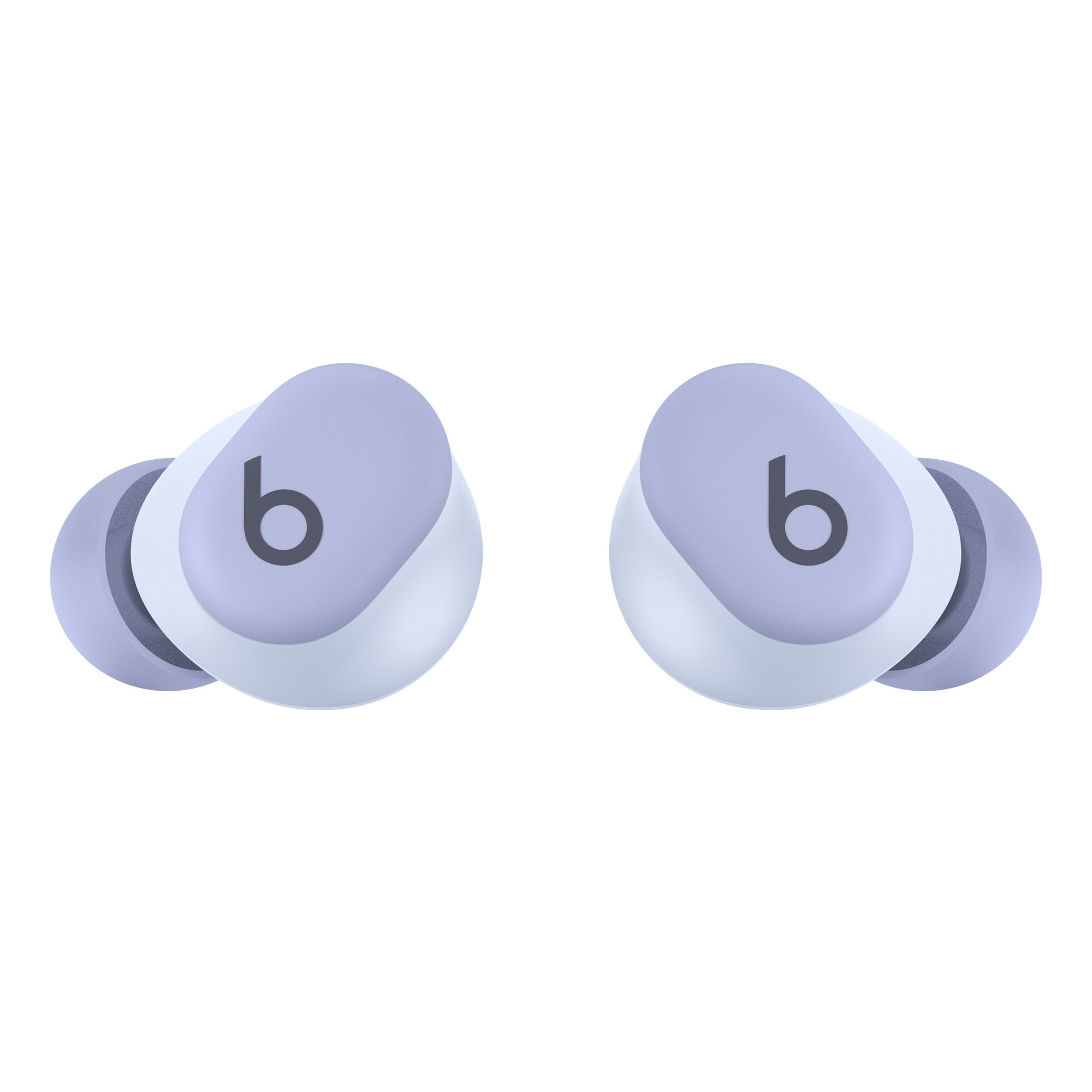 Deux écouteurs blancs et violets avec la lettre "b". Fond blanc.