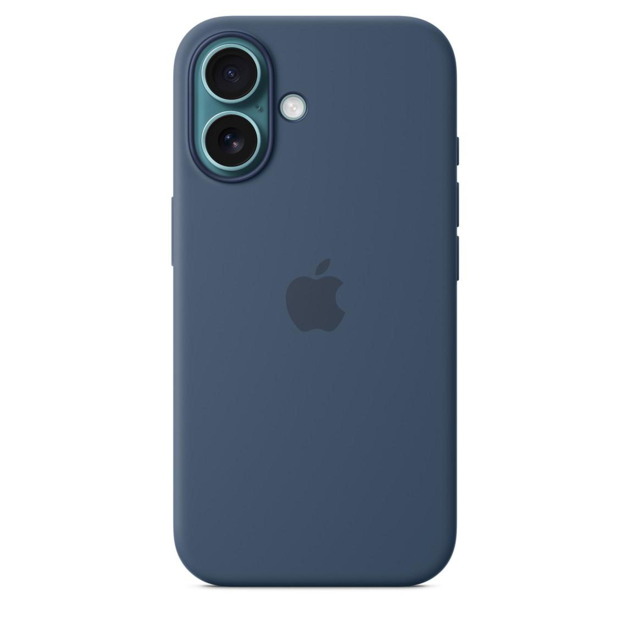 Coque de téléphone bleue avec logo Apple et découpes pour appareil photo, sur fond blanc.