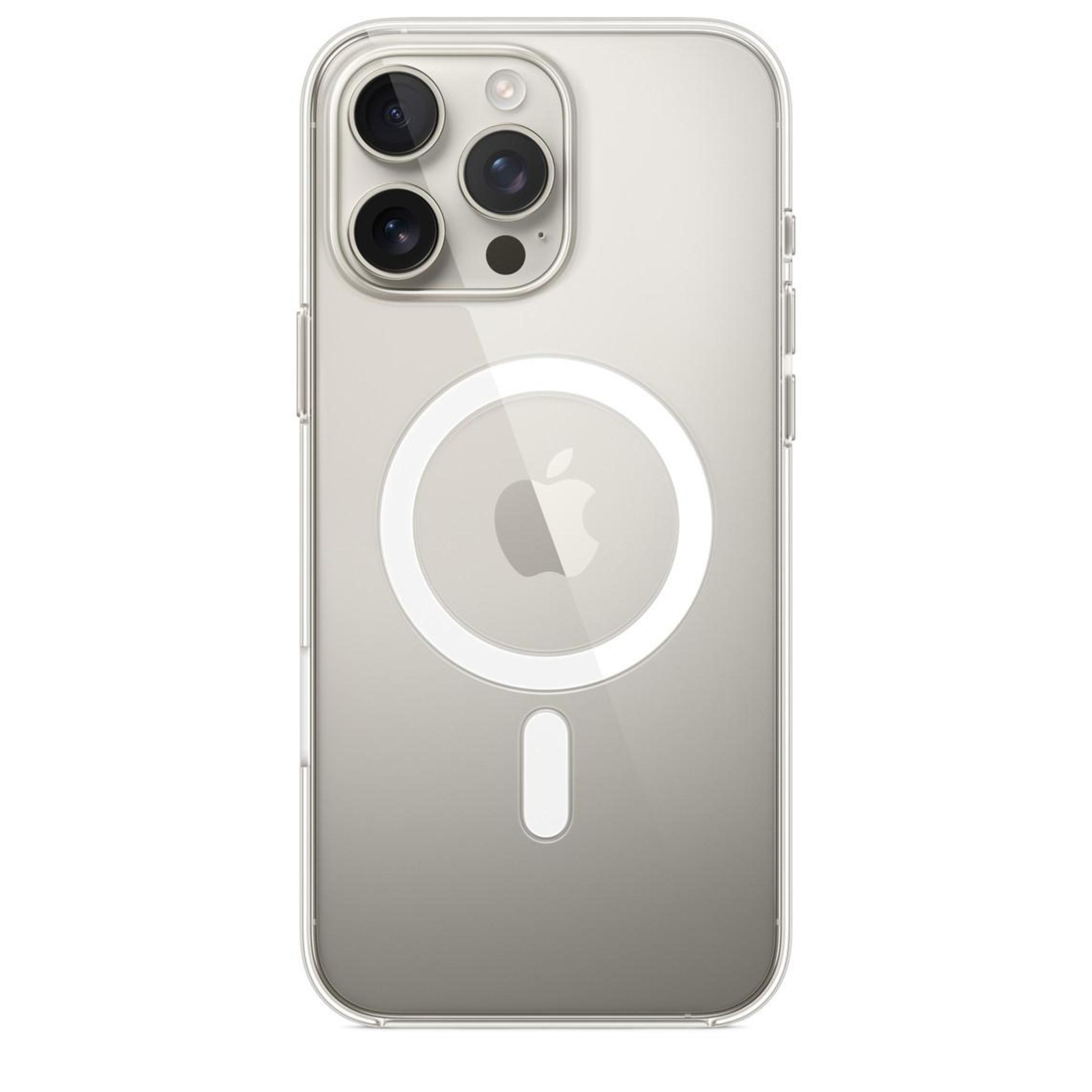 Funda transparente, parte trasera del teléfono con tres lentes, círculo blanco, logo Apple.