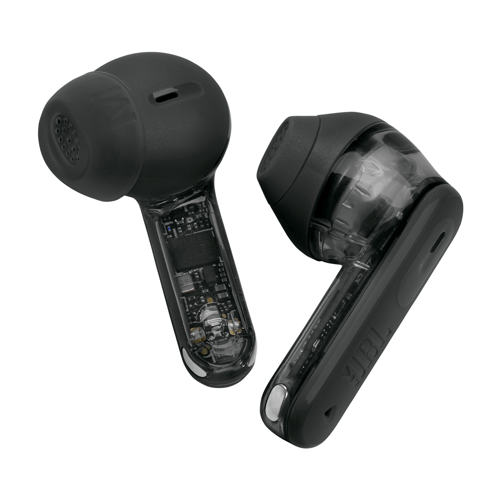 Auricolari JBL neri, che mostrano i componenti interni.