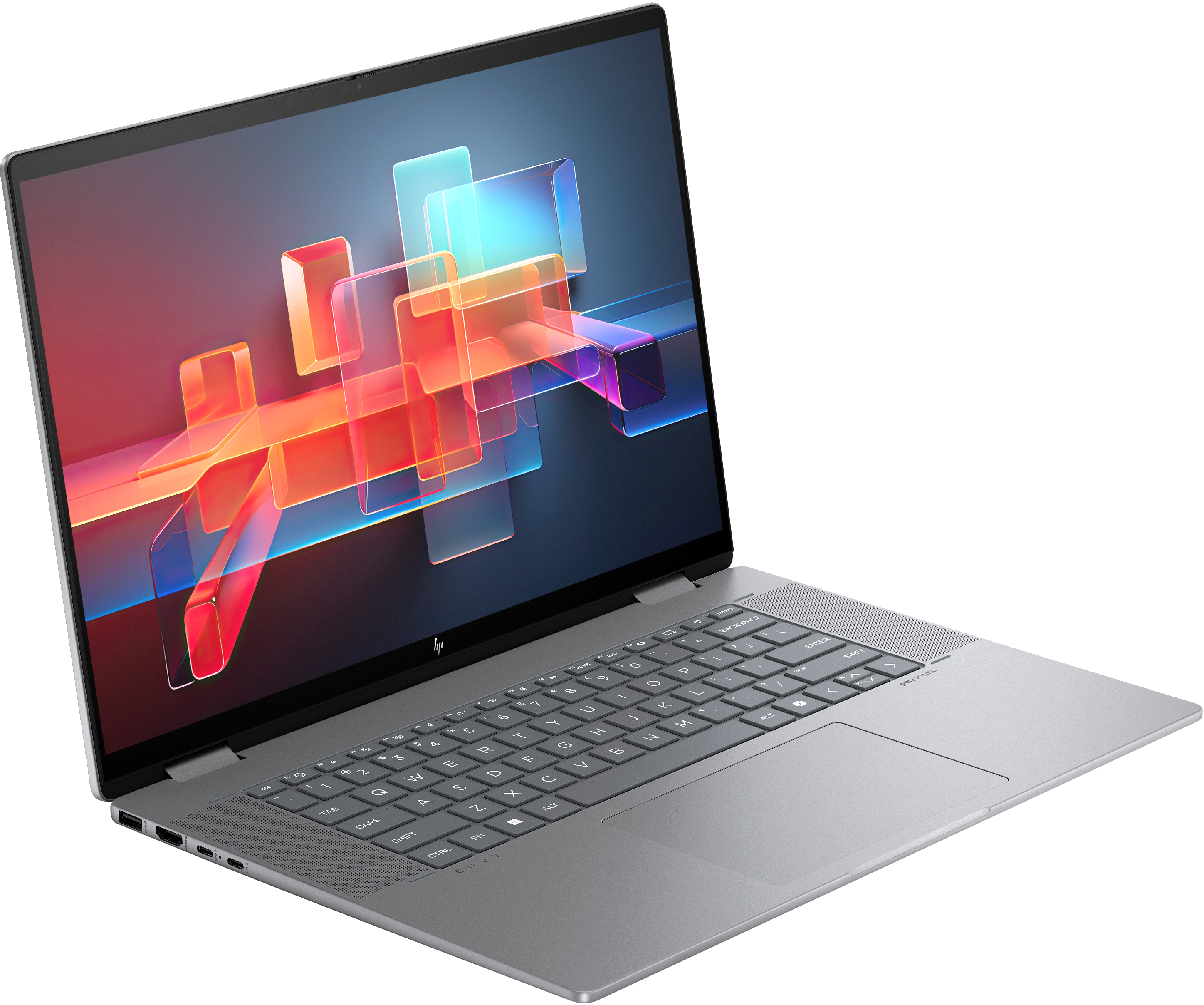 Srebrny laptop z ekranem wyświetlającym kolorowe abstrakcyjne kształty.