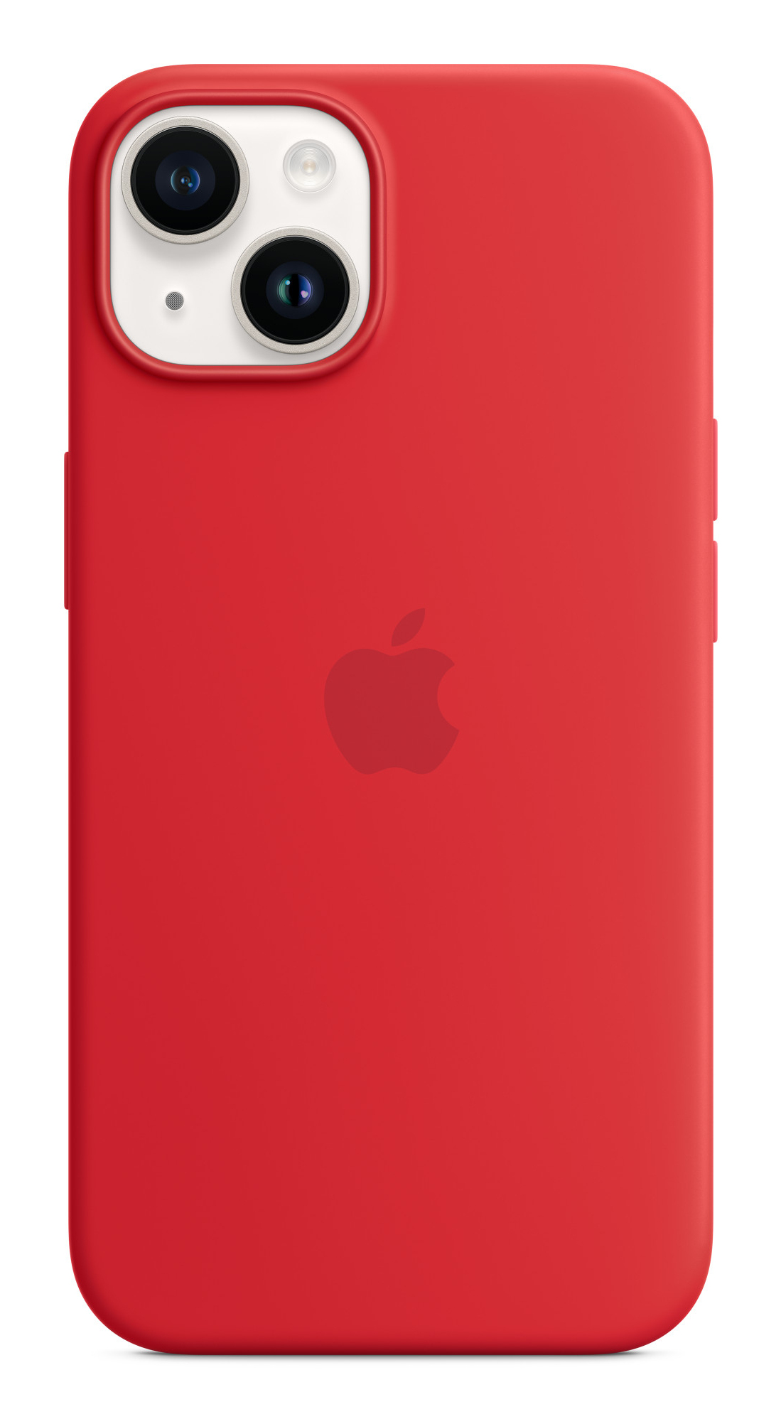 Eine rote Handyhülle mit Apple-Logo und dualem Kameramodul auf der Rückseite.