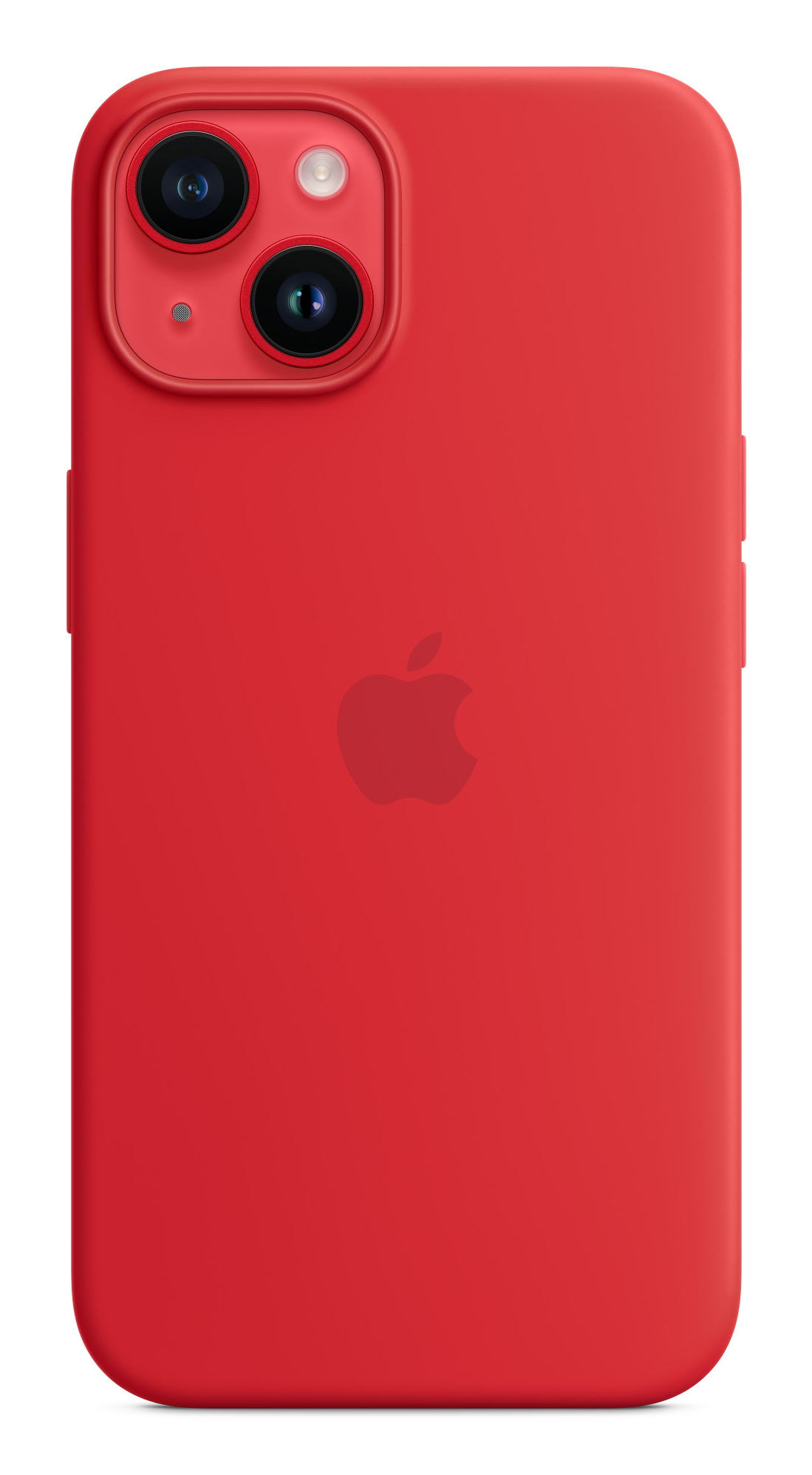 Eine rote Handyhülle mit Apple-Logo und Kameraaussparung.