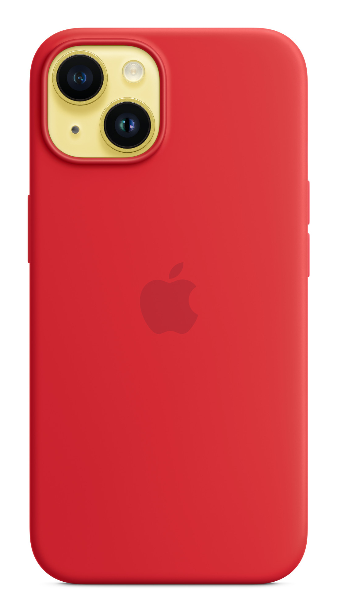 Rote iPhone-Hülle mit Kameralinsen und Apple-Logo.