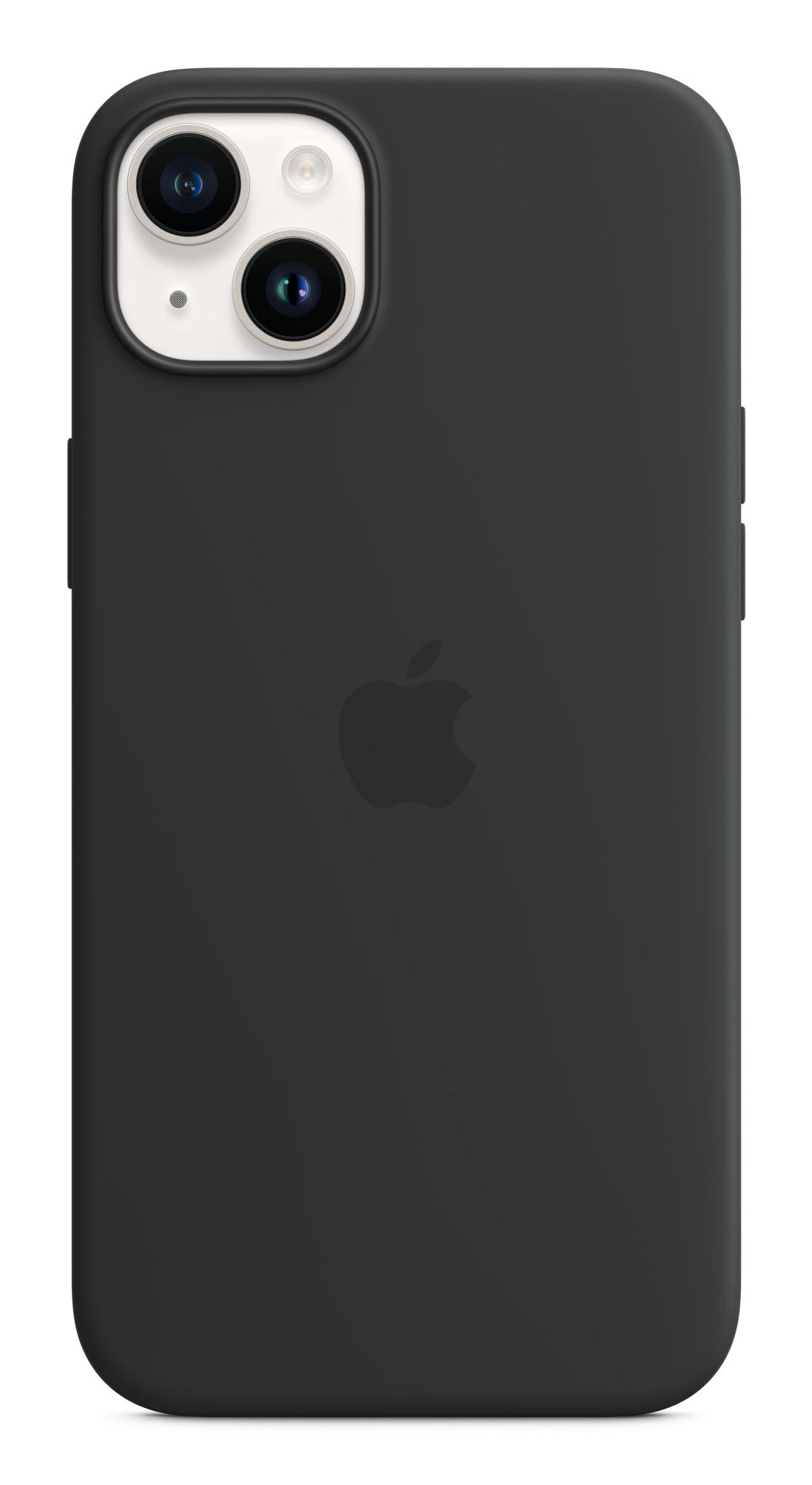 Eine schwarze Handyhülle mit Apple-Logo und zwei Kameras auf der Rückseite.