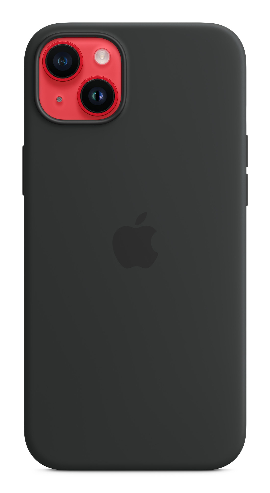 Schwarze Handyhülle mit rotem Kamerabereich und Apple-Logo. Weißer Hintergrund.