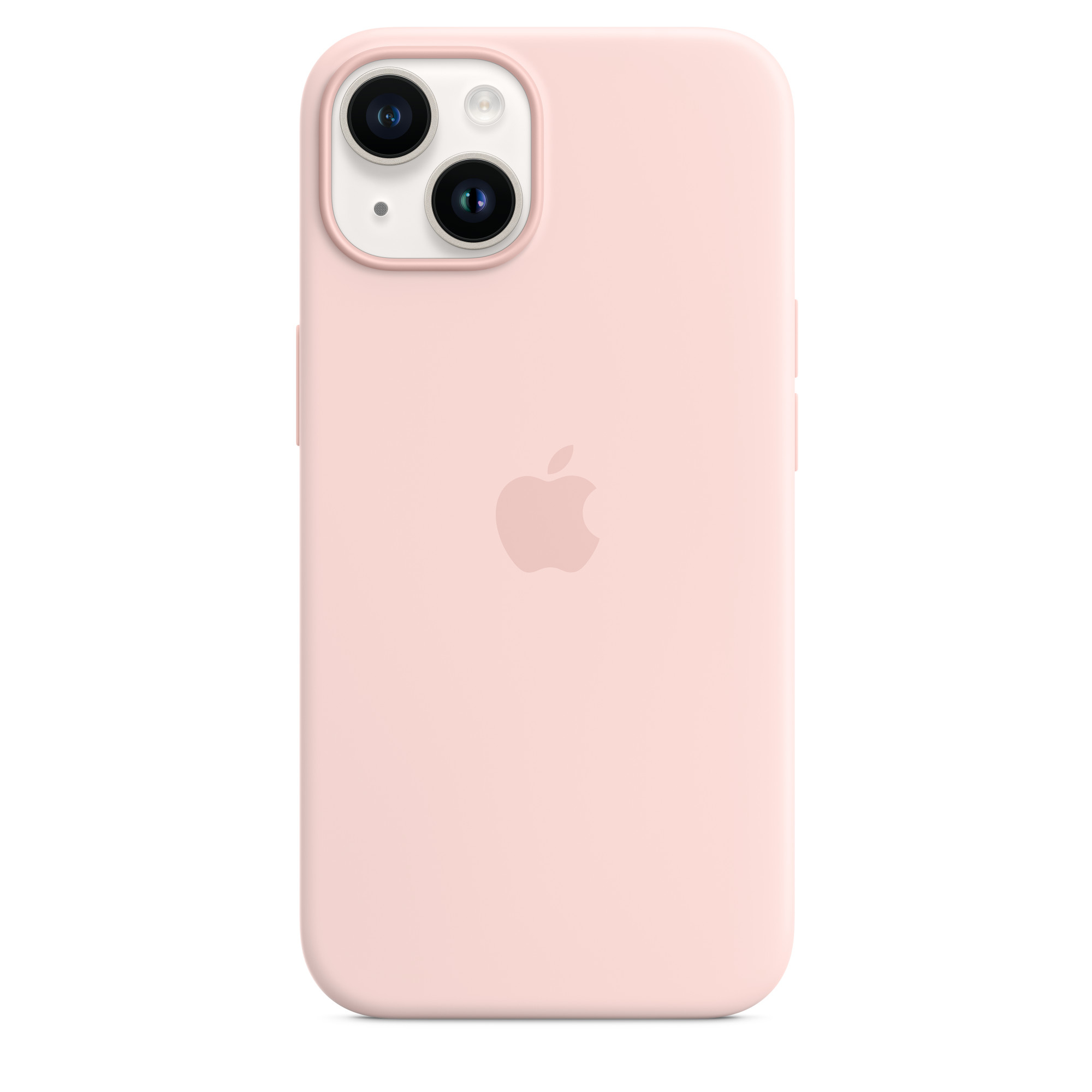 Custodia rosa con due lenti, una bianca e logo Apple su sfondo bianco.