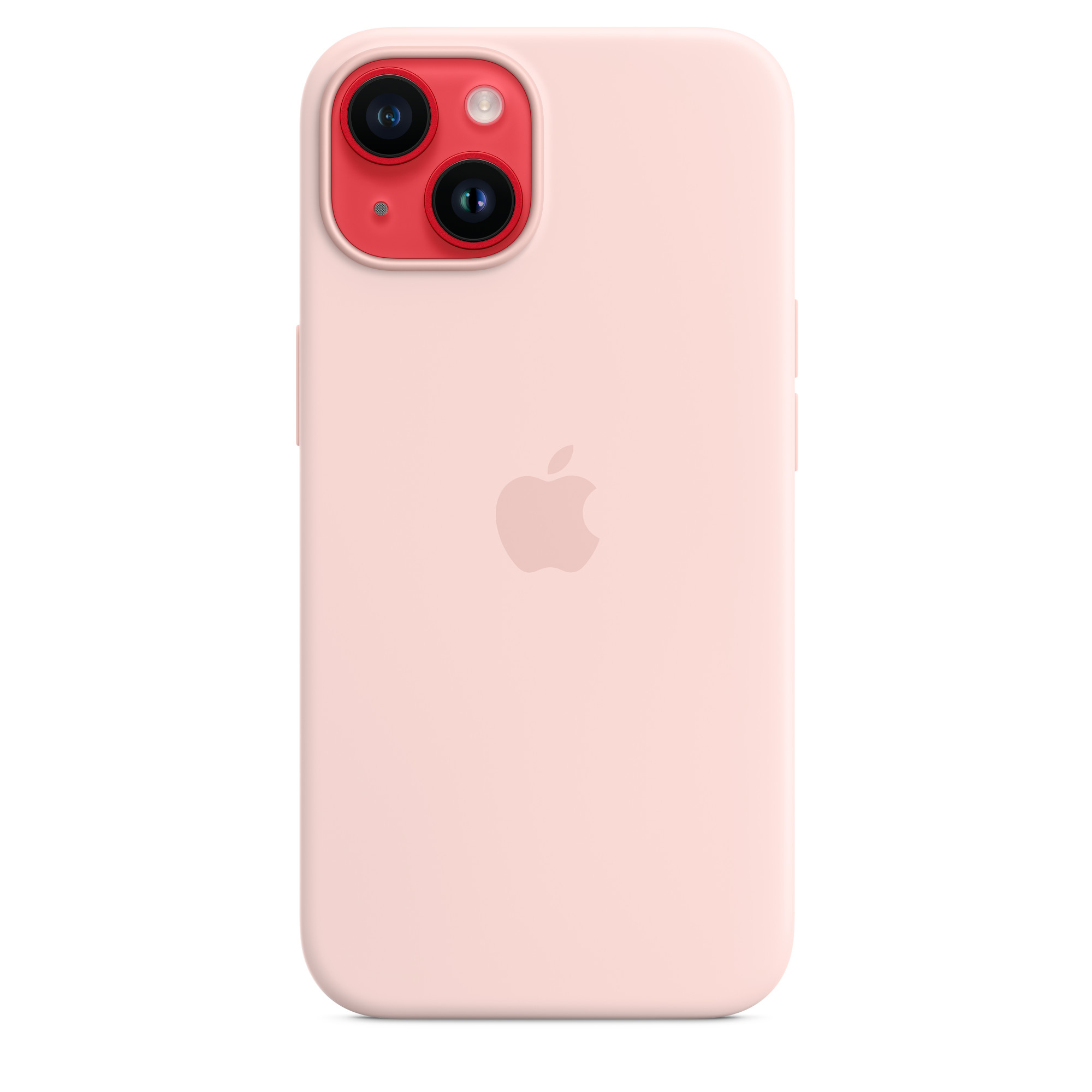 Custodia rosa su un iPhone. Obiettivi neri e logo Apple visibili.