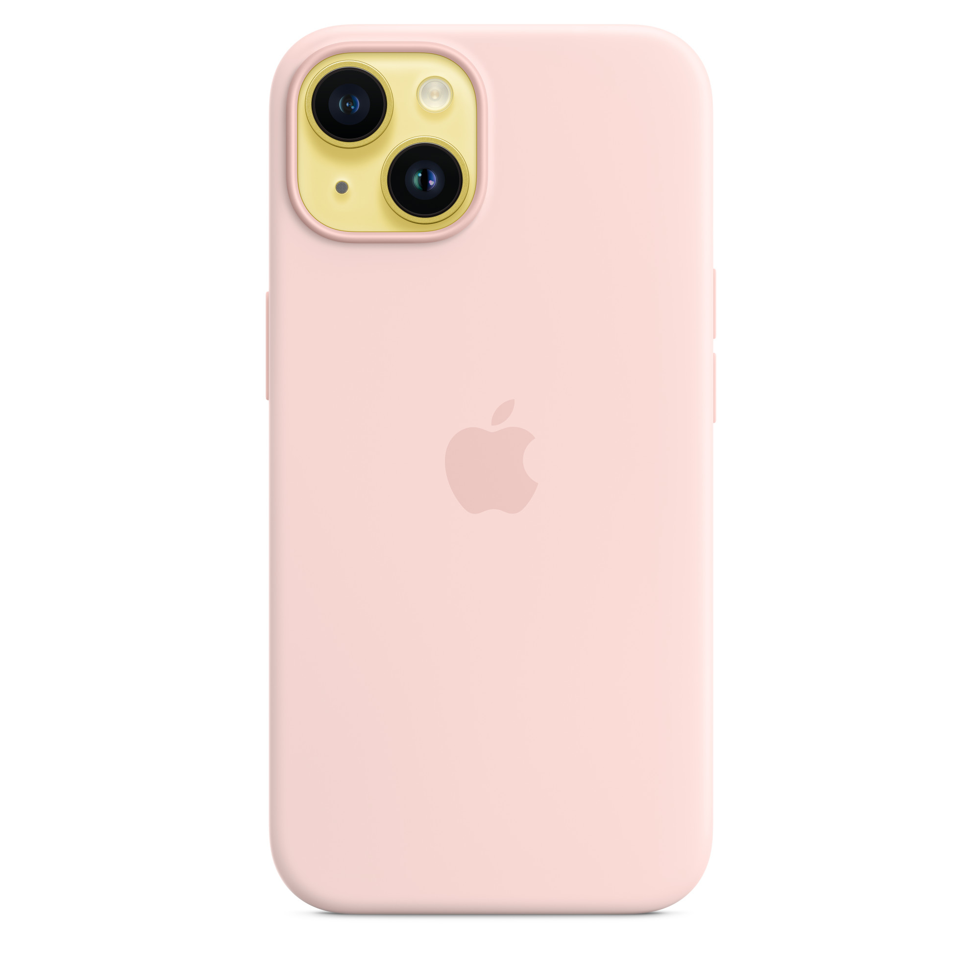 Custodia rosa con logo Apple e zona fotocamera gialla.