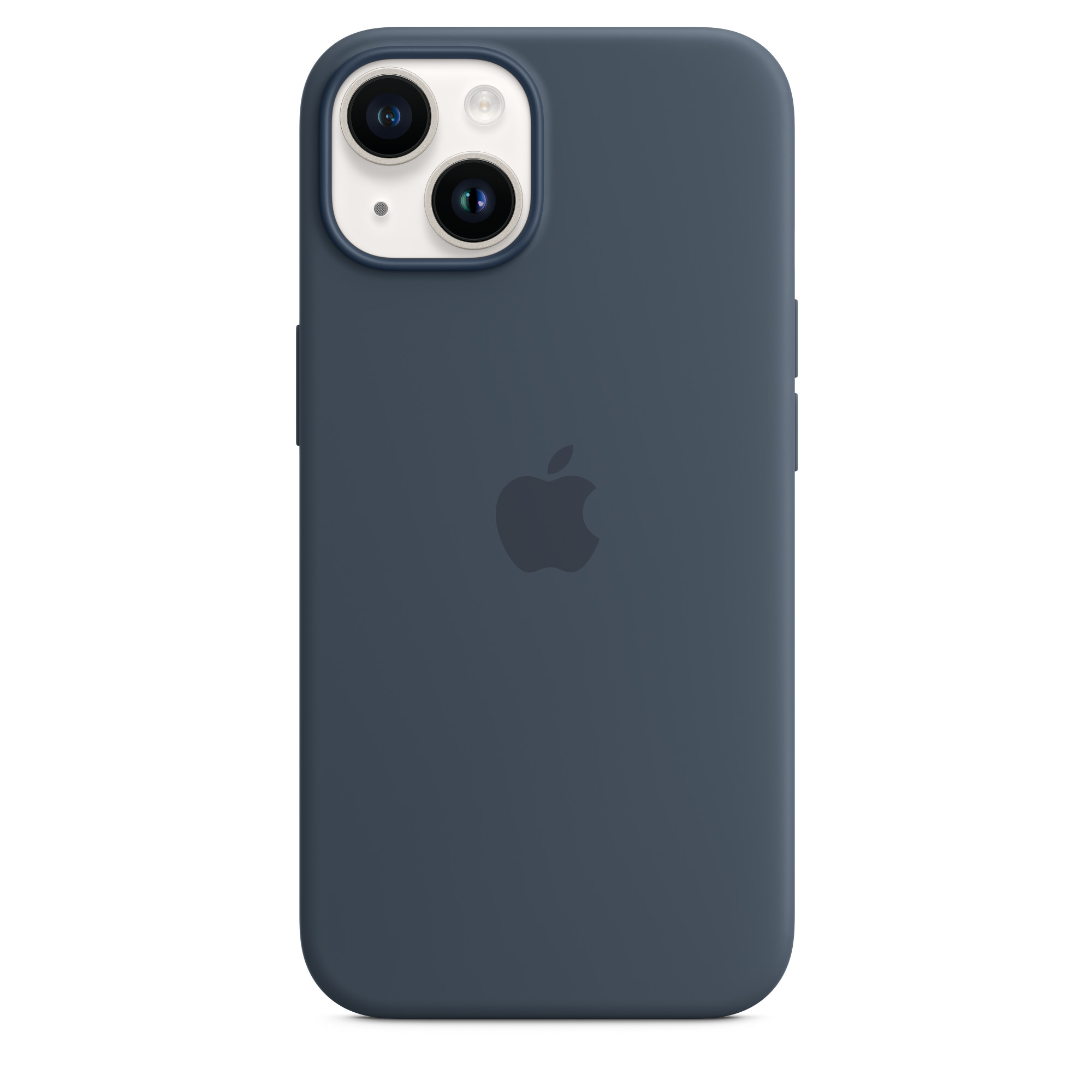 Una custodia blu scuro per telefono con logo Apple e ritaglio per la fotocamera.