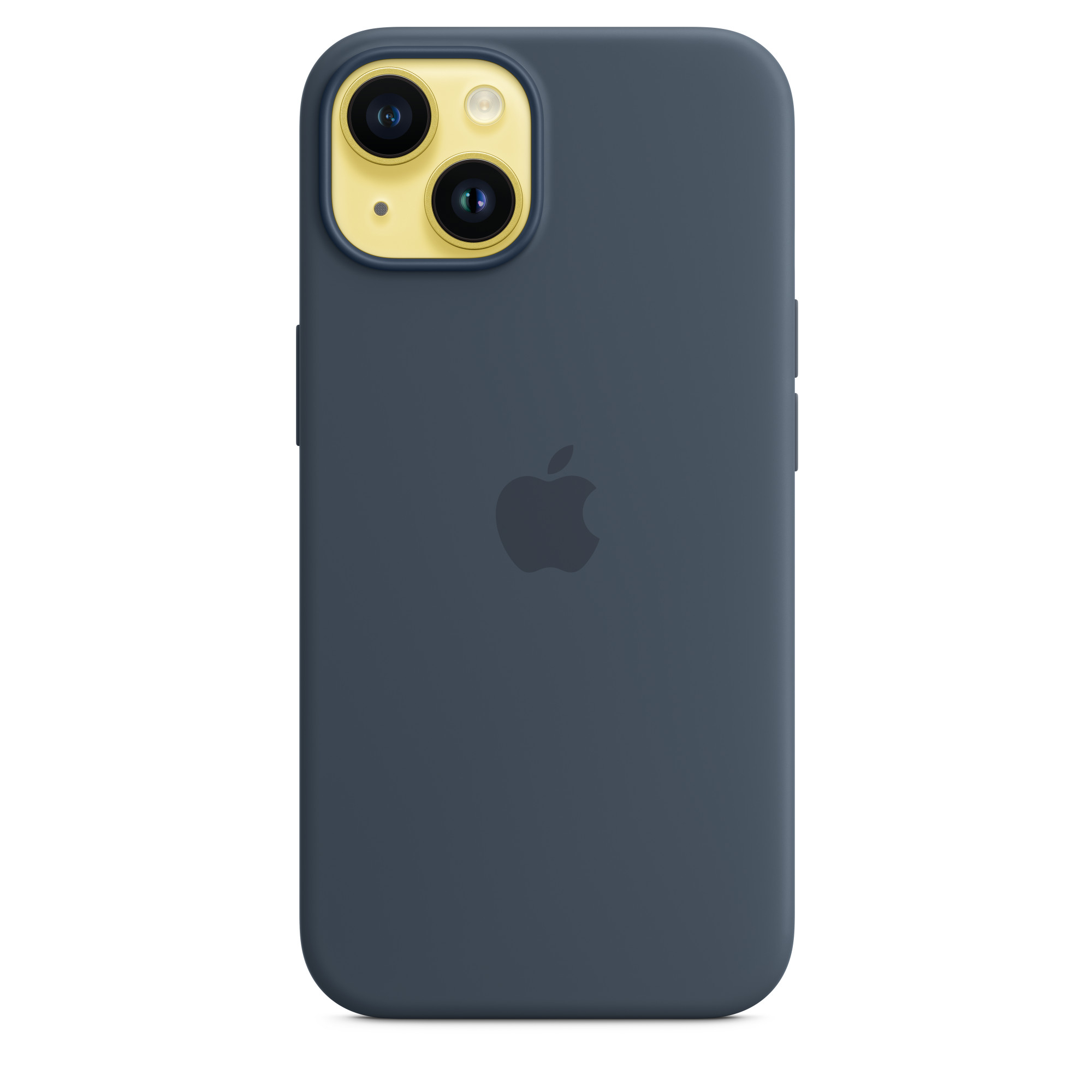 Custodia blu scuro con logo Apple e fotocamera, con lenti gialle.