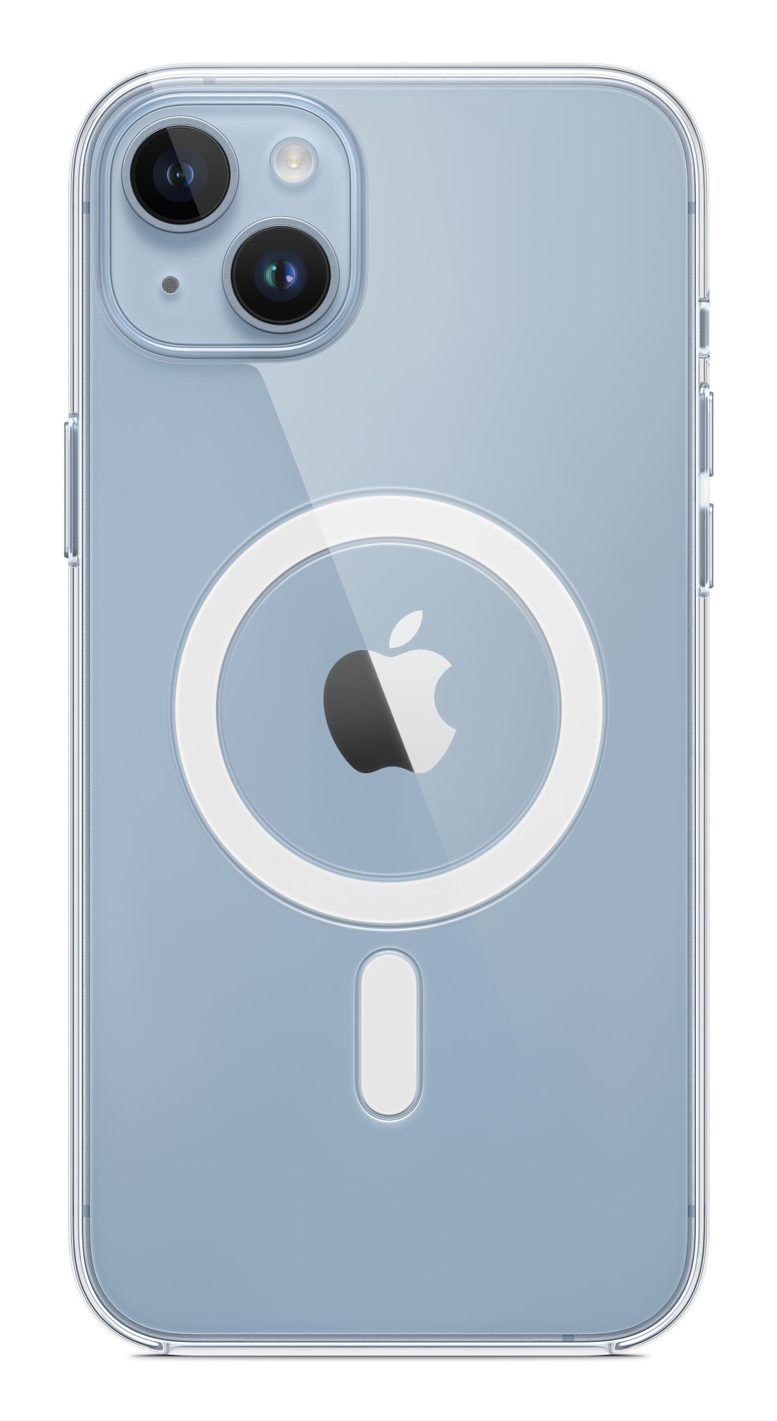 Transparente Handyhülle mit Apple-Logo und MagSafe-Ring auf hellblauem Hintergrund.