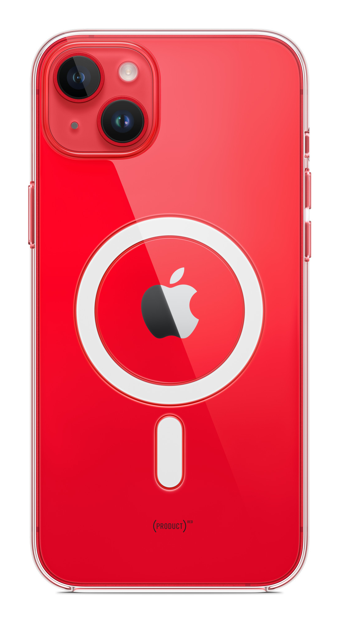 Eine rote Smartphone-Hülle mit durchsichtigem Rücken und weißem Kreis auf weißem Hintergrund.