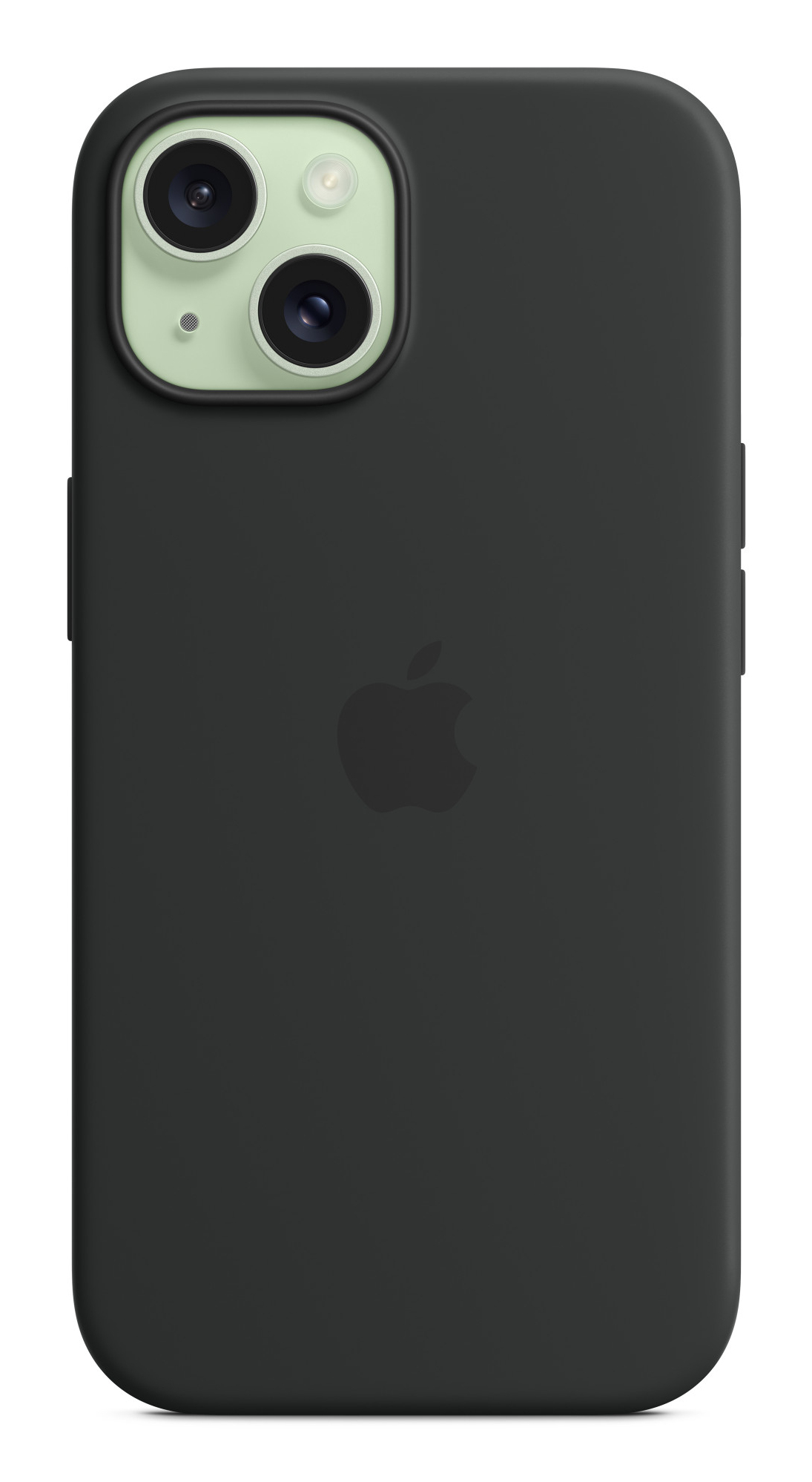 Schwarze Handyhülle mit Apple-Logo. Die Kamera des Telefons befindet sich oben. Grünes Objektiv.