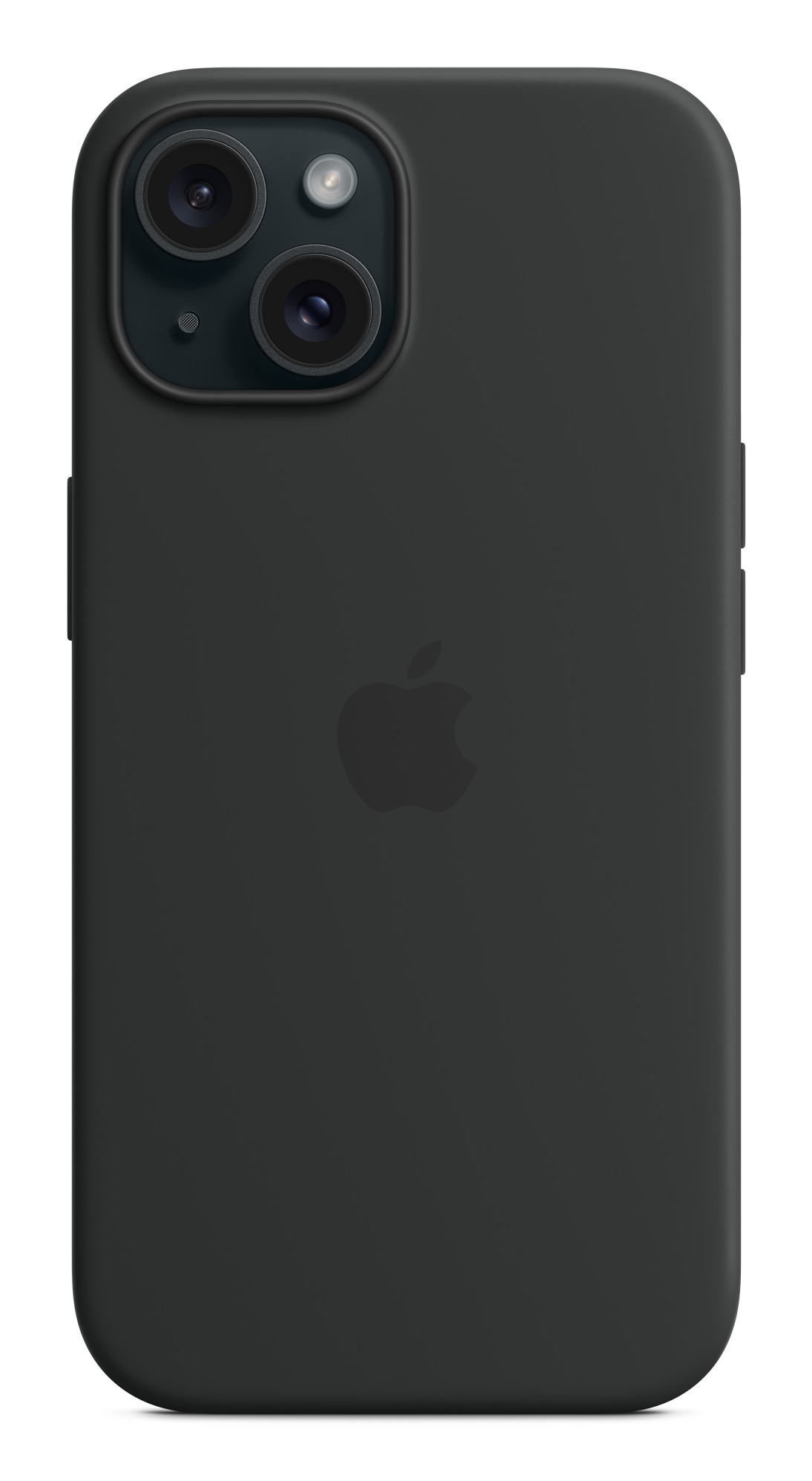 Schwarze Handyhülle mit Apple-Logo. Das Handy hat eine Kamera und einen Blitz.