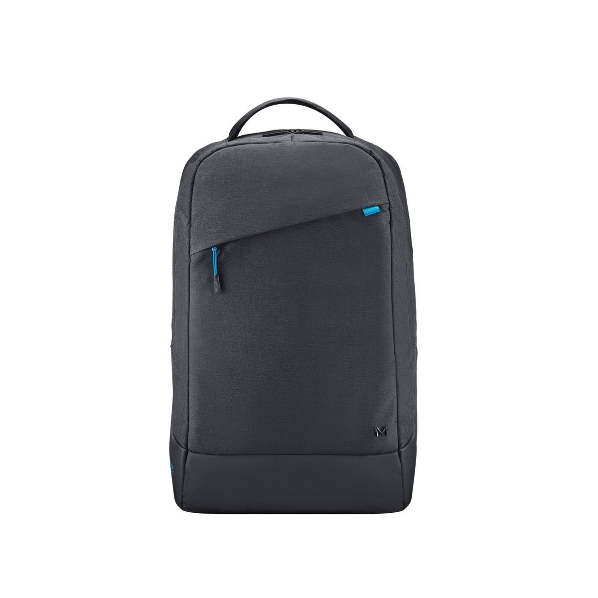 Una mochila gris oscura con cremallera y asa azules. Hay una pequeña 'm' en la bolsa.