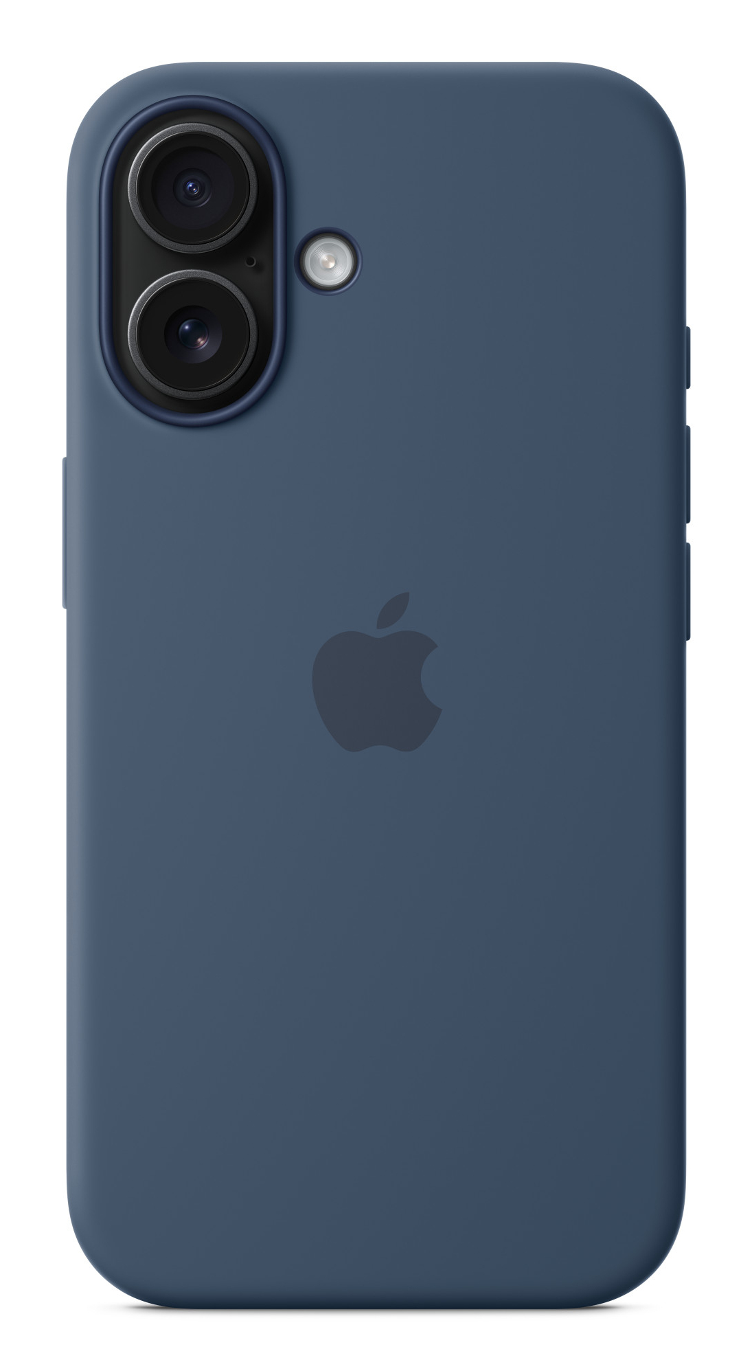 Une coque de téléphone bleue avec logo Apple et module de caméra double à l'arrière.