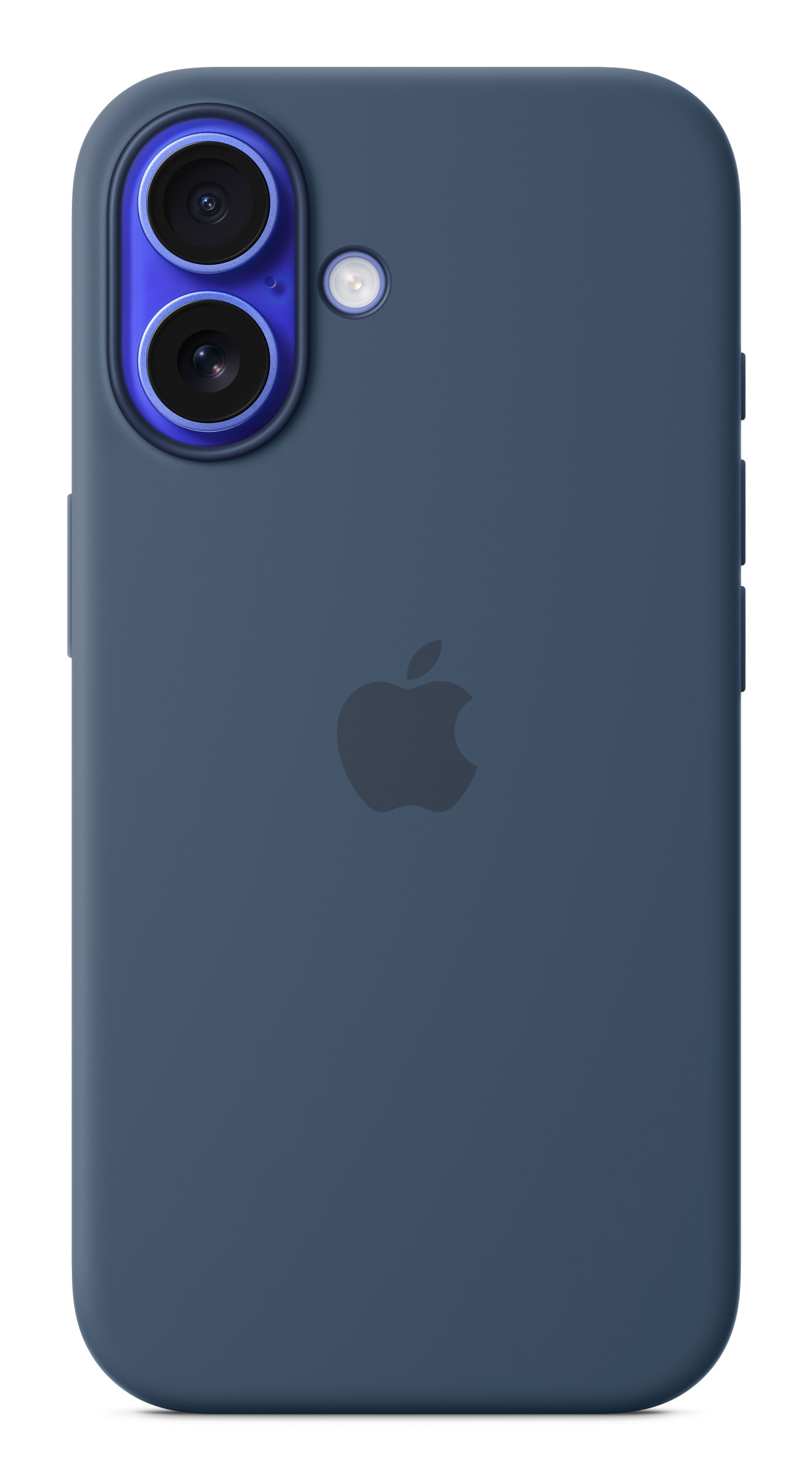 Coque bleue pour téléphone avec logo Apple et caméra.