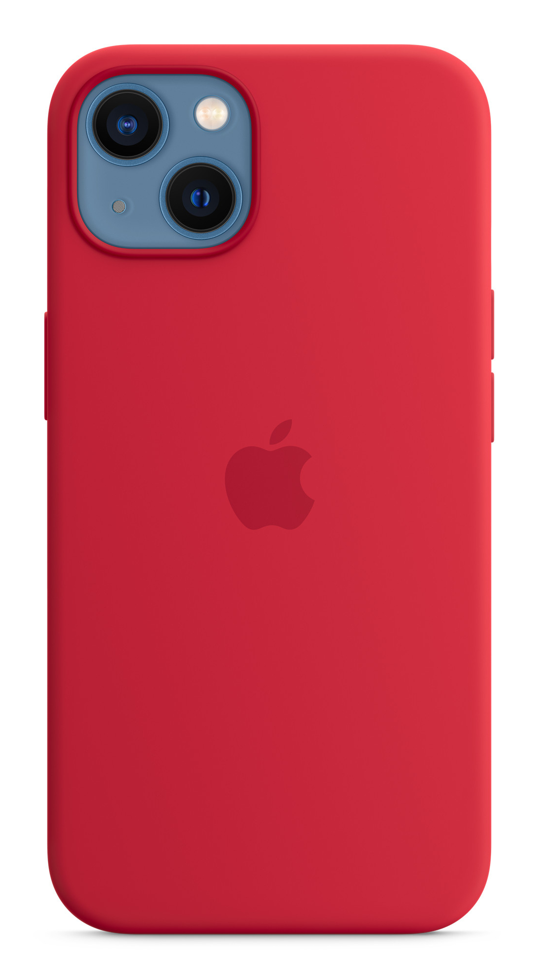 Custodia per telefono rossa con area fotocamera blu e logo Apple. Sfondo bianco.
