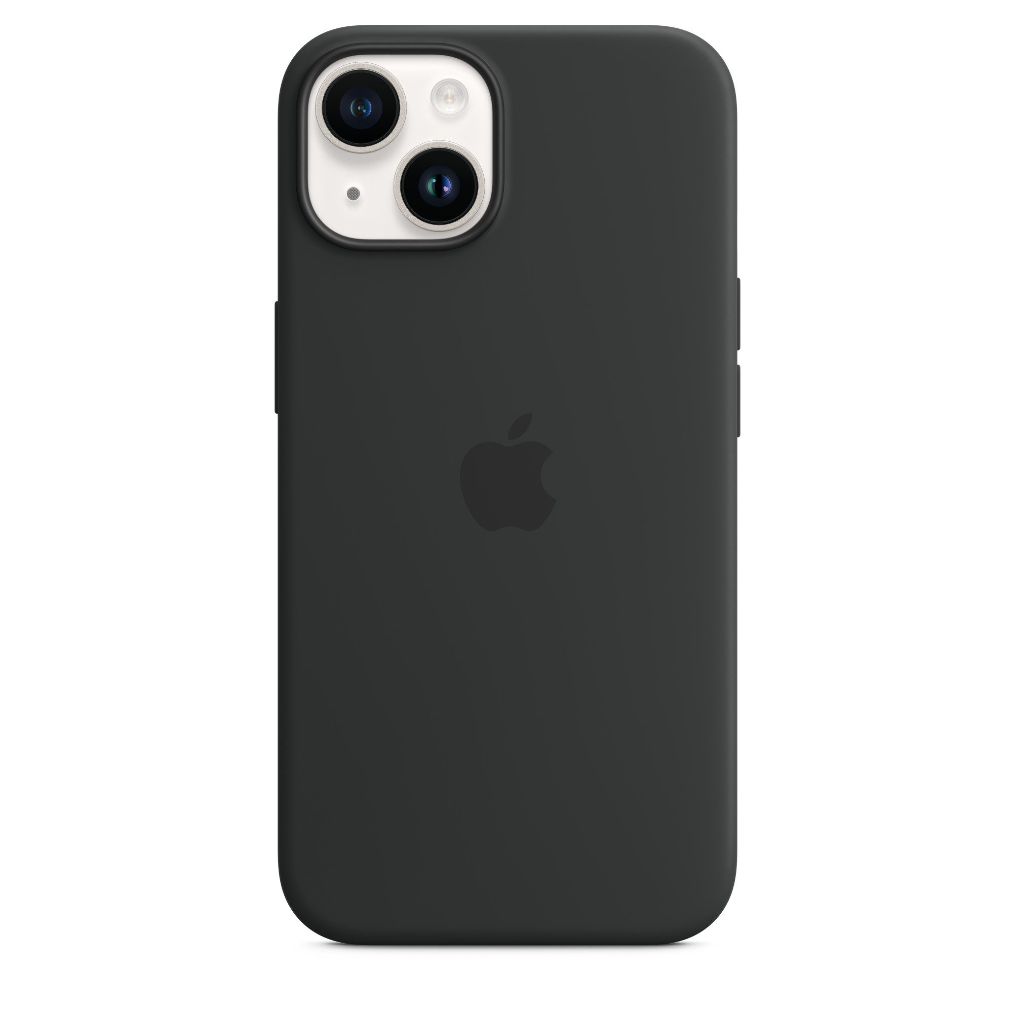 Una custodia per telefono nera su sfondo bianco. Ha il logo Apple e ritagli per la fotocamera.